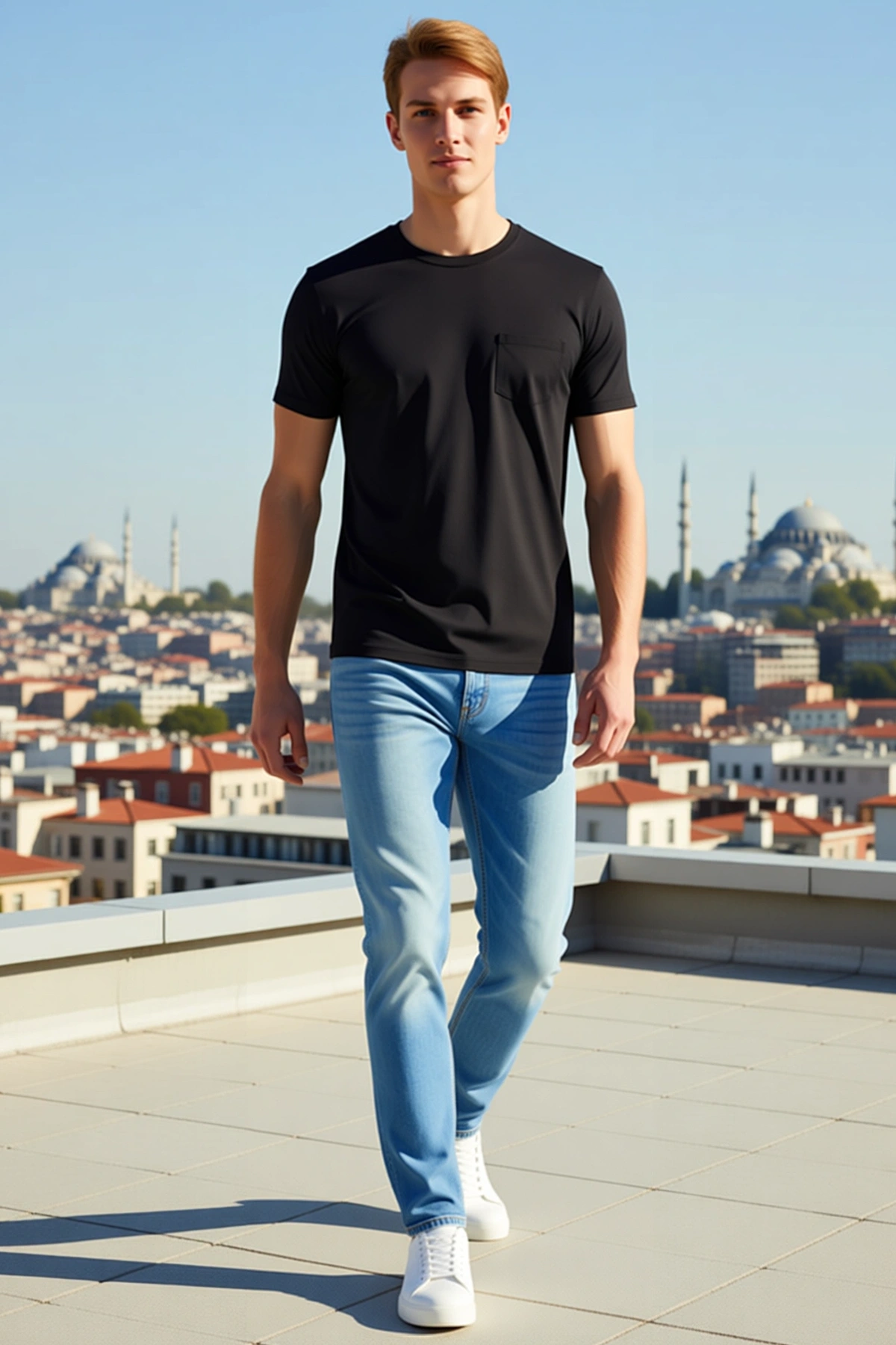 Erkek Slim Fit Tişört Bisiklet Yaka Kısa Kollu Göğüs Cepli Vücuda Oturan Düz Rahat Günlük Kullanım