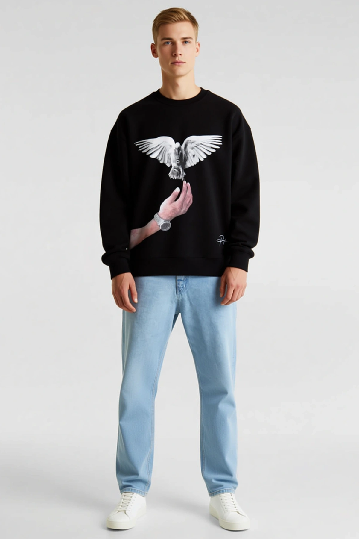 Erkek Güvercin Baskılı Sweatshirt Bisiklet Yaka Uzun Kollu Düşük Omuzlu Bol Kalıp Rahat Günlük Giyim