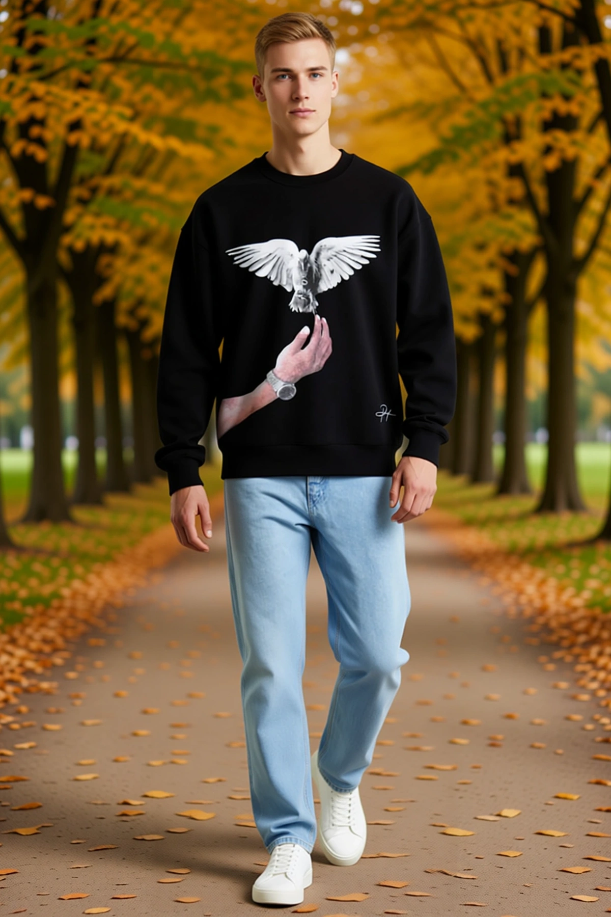 Erkek Güvercin Baskılı Sweatshirt Bisiklet Yaka Uzun Kollu Düşük Omuzlu Bol Kalıp Rahat Günlük Giyim