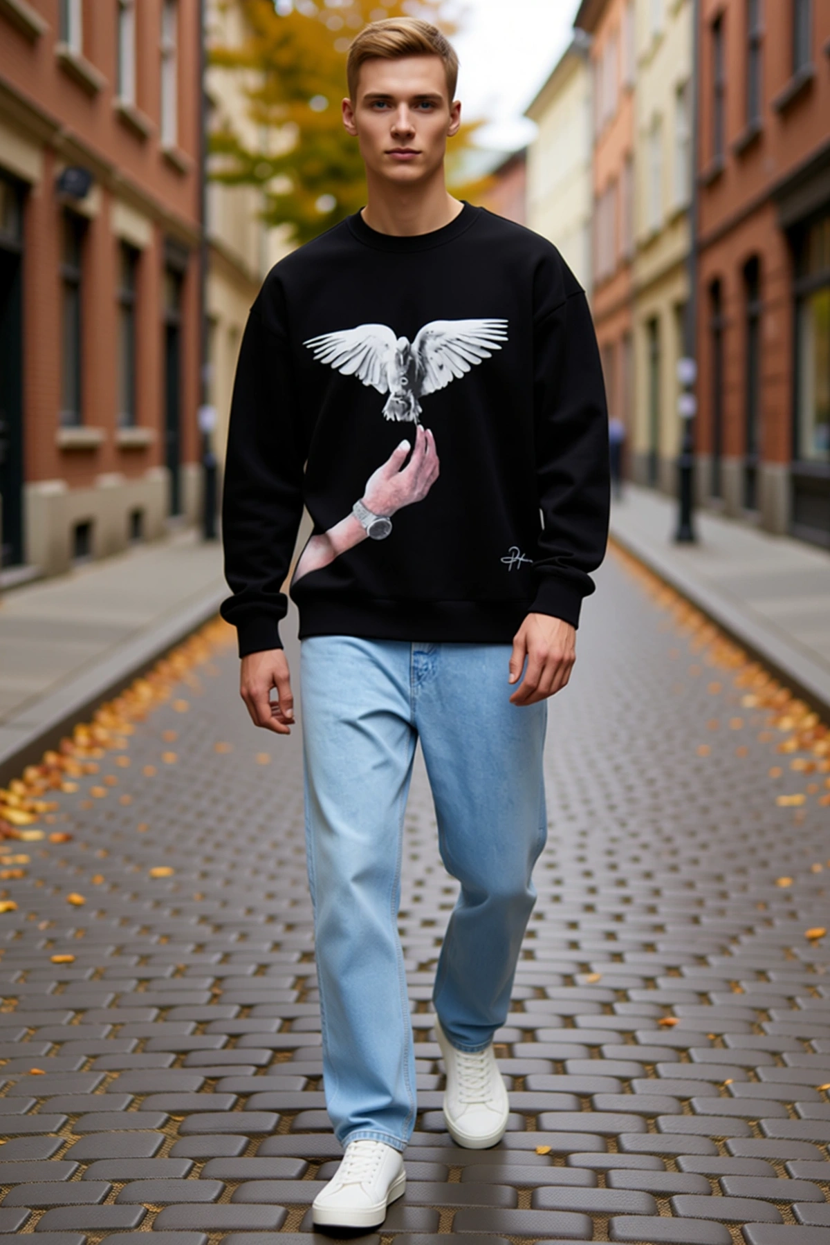 Erkek Güvercin Baskılı Sweatshirt Bisiklet Yaka Uzun Kollu Düşük Omuzlu Bol Kalıp Rahat Günlük Giyim