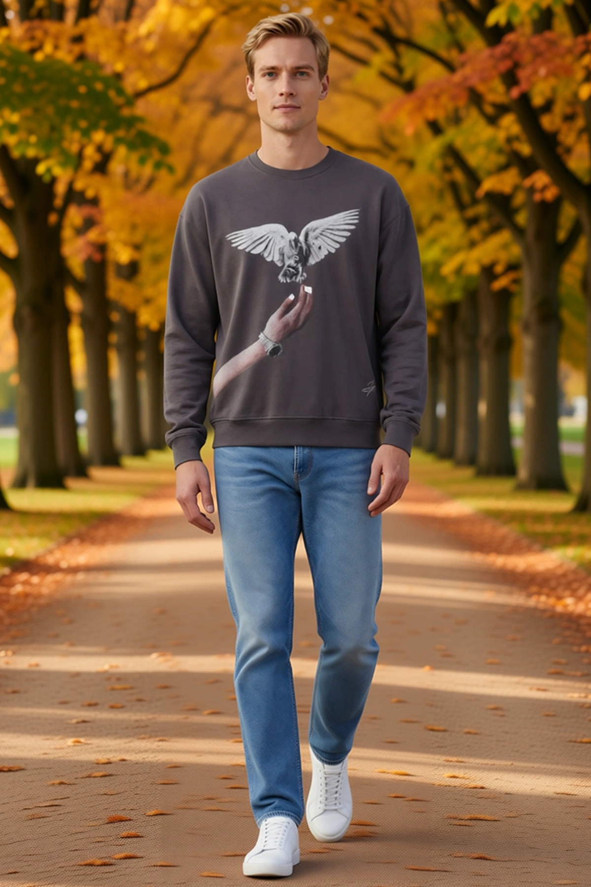 Erkek Oversize Sweatshirt Güvercin El Baskılı Ribana Etekli Bisiklet Yaka Uzun Kollu Sezonluk Günlük
