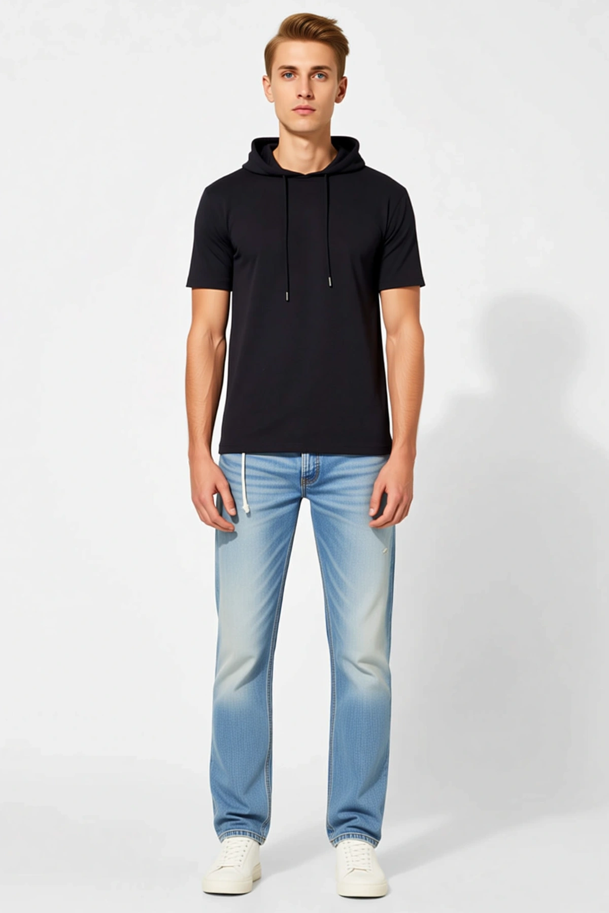 Erkek Slim Fit Kapşonlu Tişört Kısa Kollu Bağcıklı Kapüşon Vücuda Oturan Düz Rahat Günlük Giyim