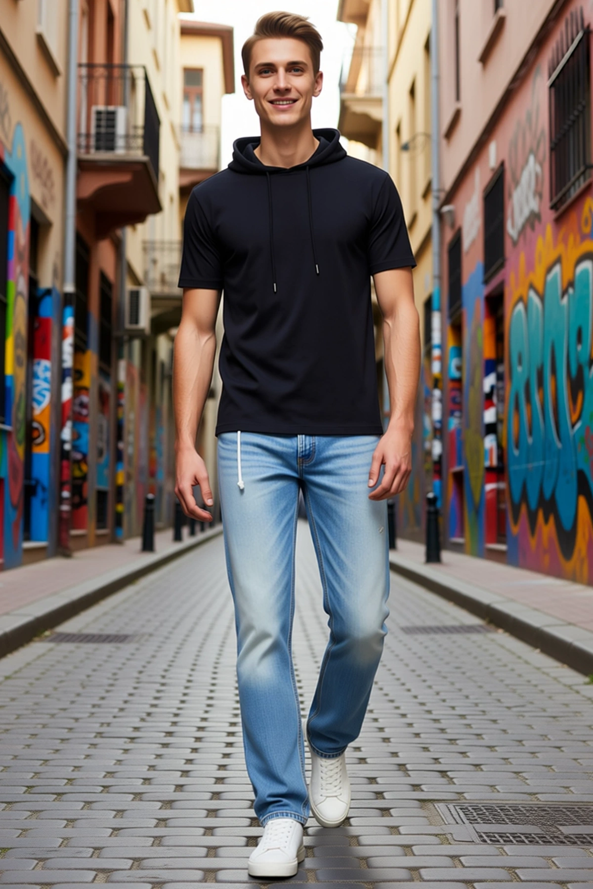Erkek Slim Fit Kapşonlu Tişört Kısa Kollu Bağcıklı Kapüşon Vücuda Oturan Düz Rahat Günlük Giyim