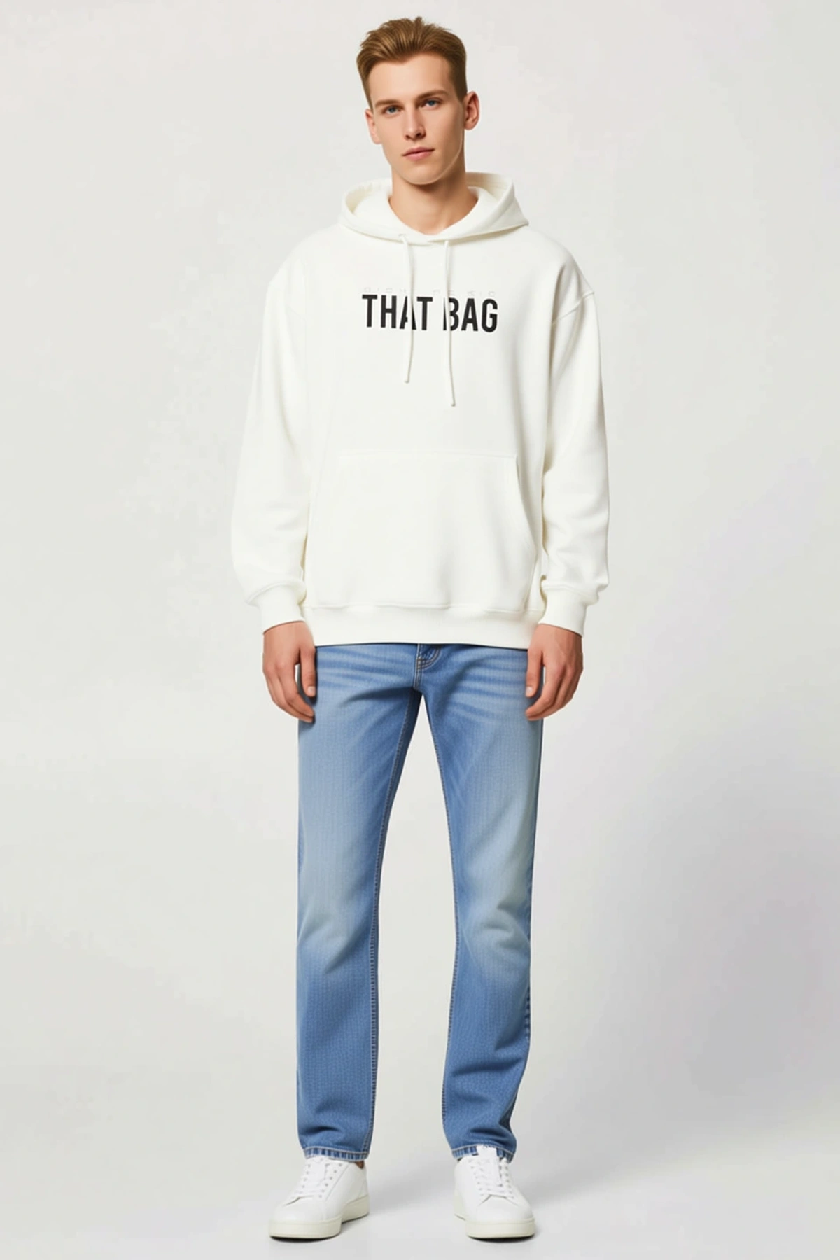 Erkek Kanguru Cepli Baskılı Kapüşonlu Sweatshirt Kordonlu Önü Yazılı Salaş Kesim Günlük Rahat Model