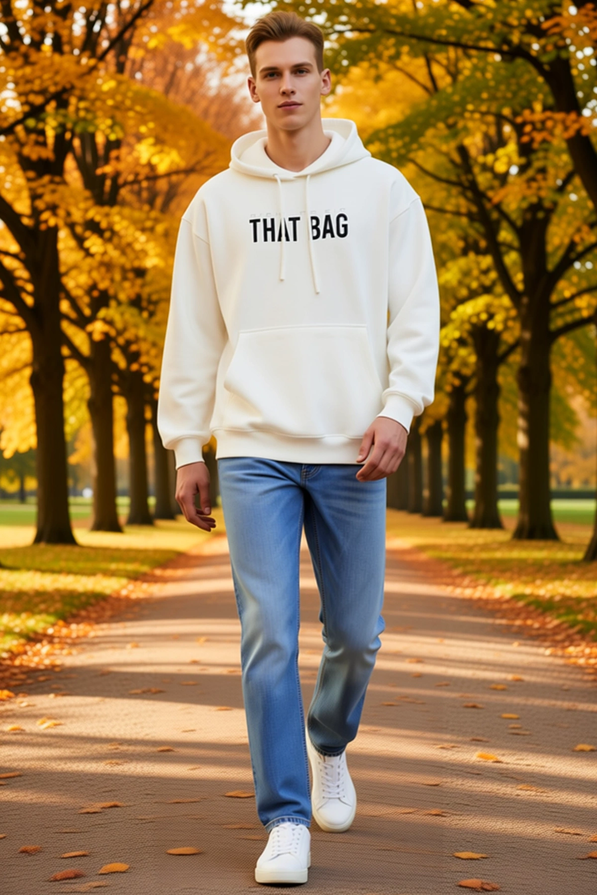 Erkek Kanguru Cepli Baskılı Kapüşonlu Sweatshirt Kordonlu Önü Yazılı Salaş Kesim Günlük Rahat Model