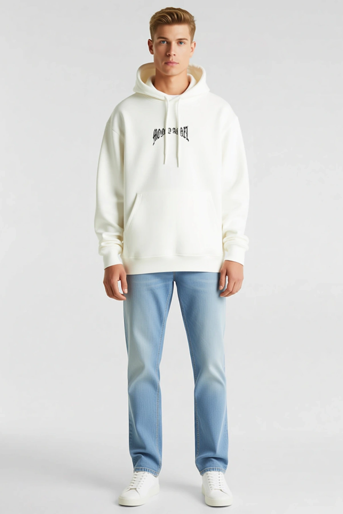 Erkek Kordon İpli Kapüşonlu Sweatshirt Gotik Yazı Baskılı Kanguru Cepli Bol Kesim Günlük Konforlu