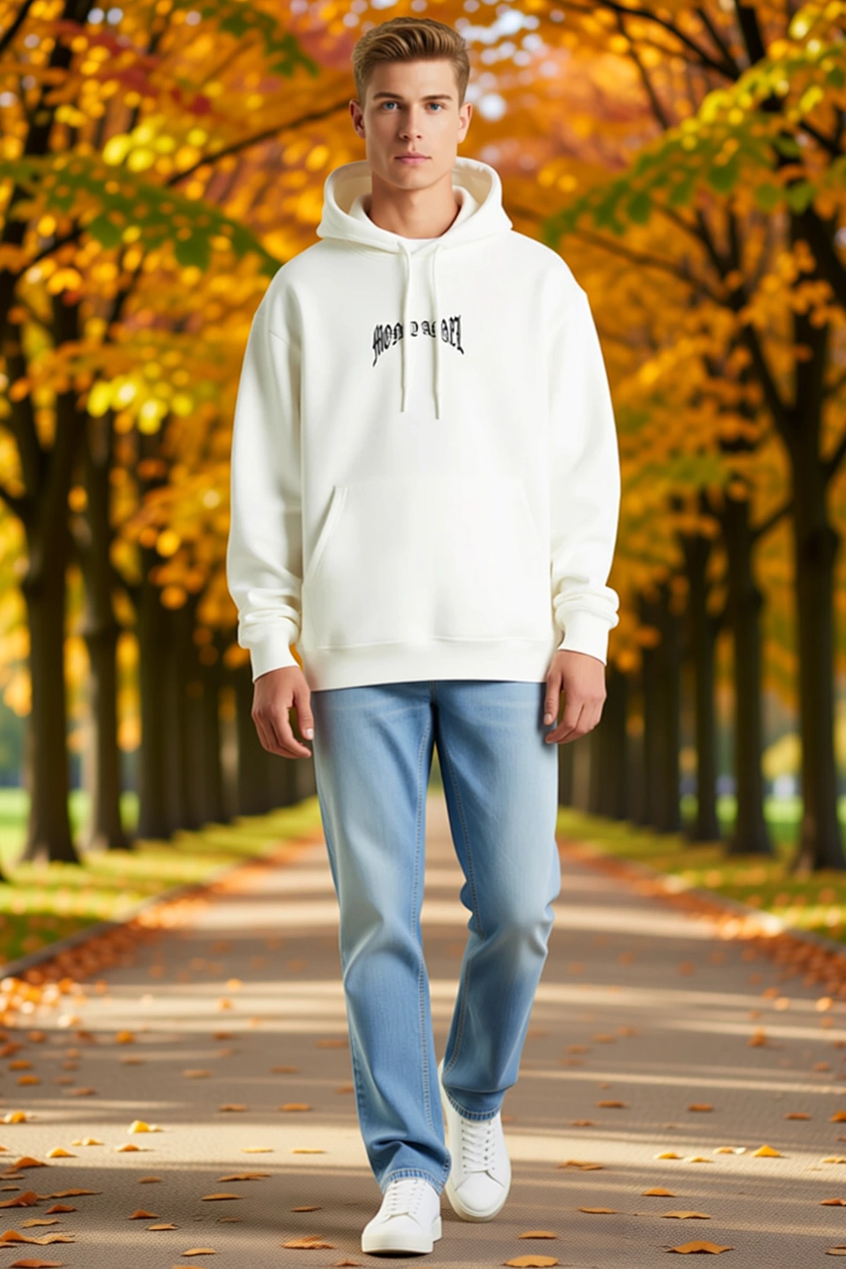 Erkek Kordon İpli Kapüşonlu Sweatshirt Gotik Yazı Baskılı Kanguru Cepli Bol Kesim Günlük Konforlu