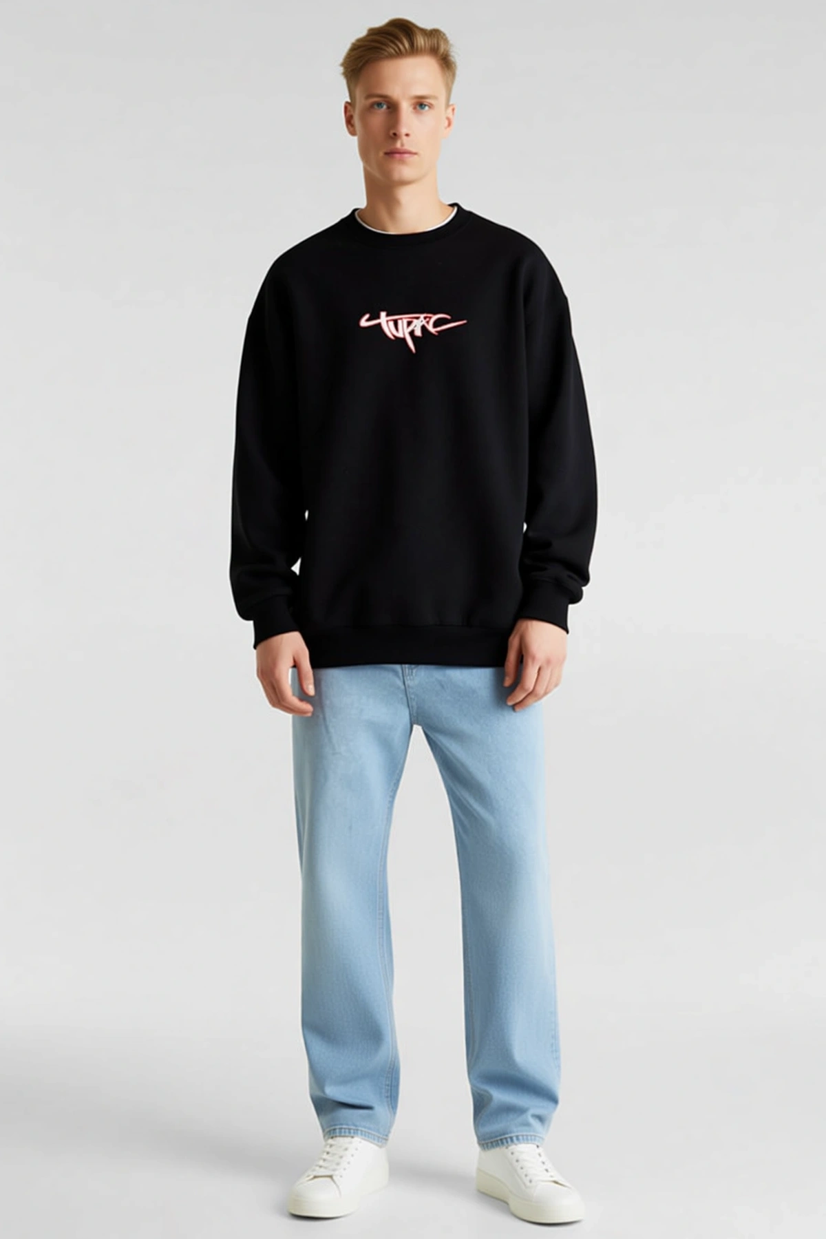 Erkek Üç İplik Gangster Baskılı Bisiklet Yaka Sweatshirt Ribanalı Bol Kesim Günlük Rahat Konforlu
