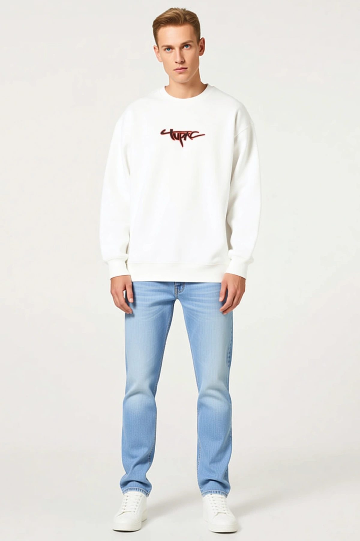Erkek Üç İplik Gangster Baskılı Sweatshirt Bisiklet Yaka Düşük Omuz Ribana Detaylı Günlük Kesim