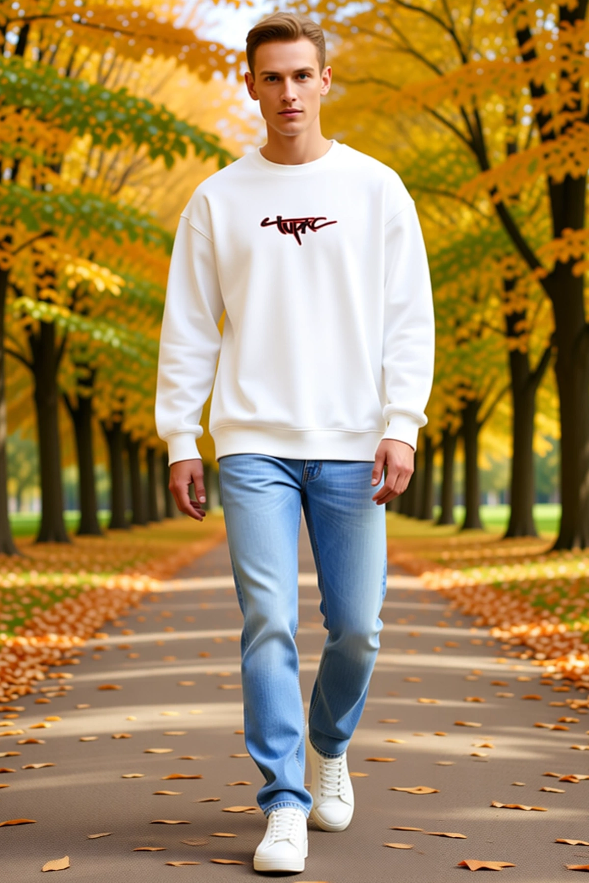 Erkek Üç İplik Gangster Baskılı Sweatshirt Bisiklet Yaka Düşük Omuz Ribana Detaylı Günlük Kesim