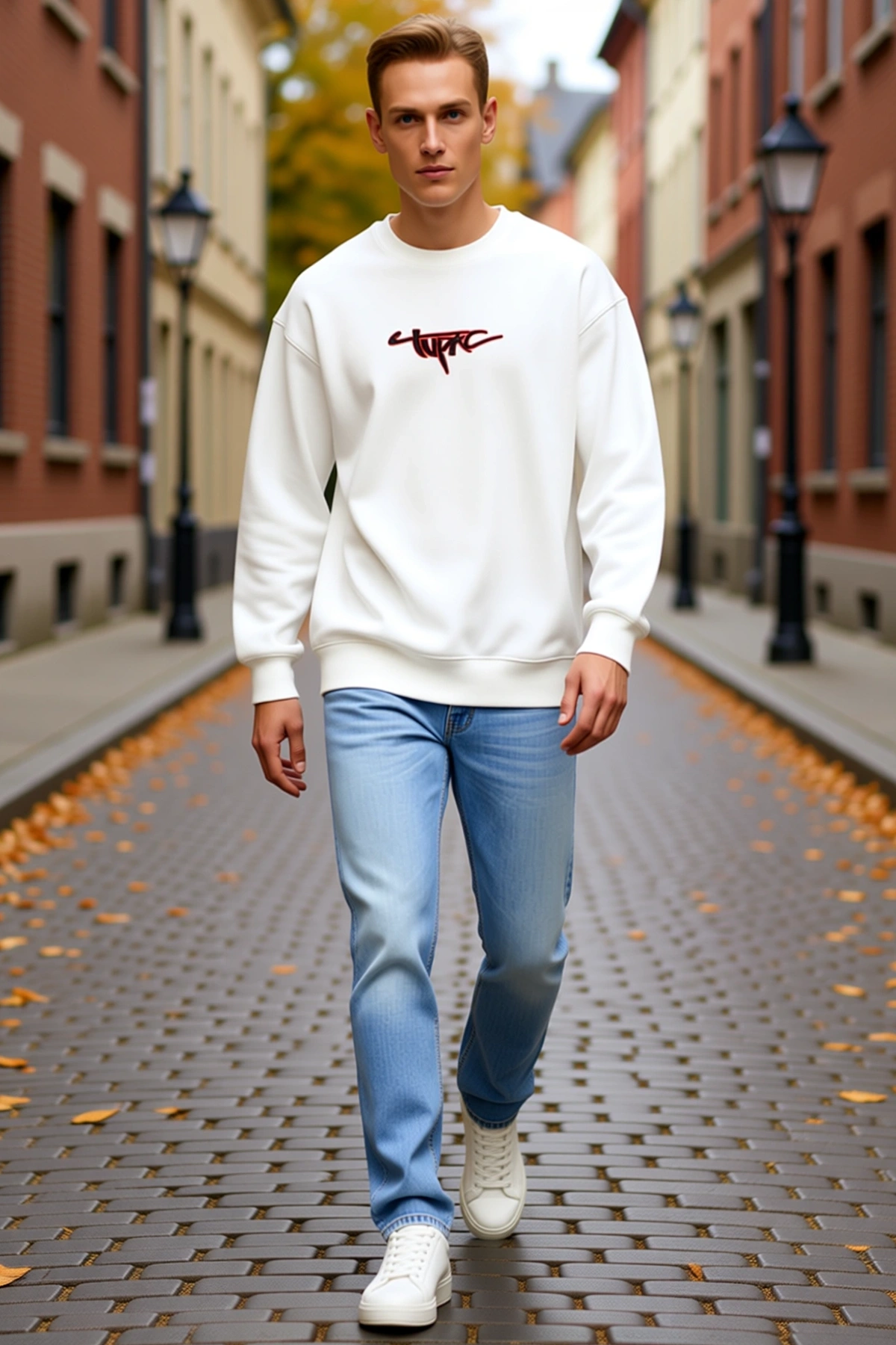 Erkek Üç İplik Gangster Baskılı Sweatshirt Bisiklet Yaka Düşük Omuz Ribana Detaylı Günlük Kesim