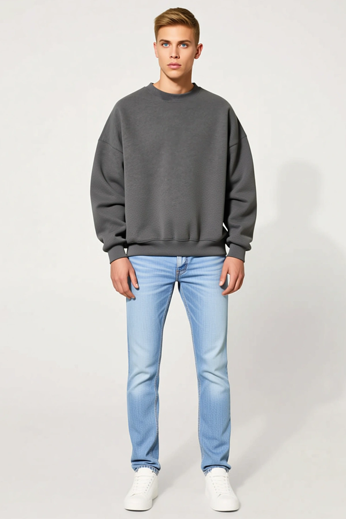 Erkek Düz Bisiklet Yaka Sweatshirt Düşük Omuzlu Ribanalı Salaş Kesim Günlük Rahat Konforlu Model