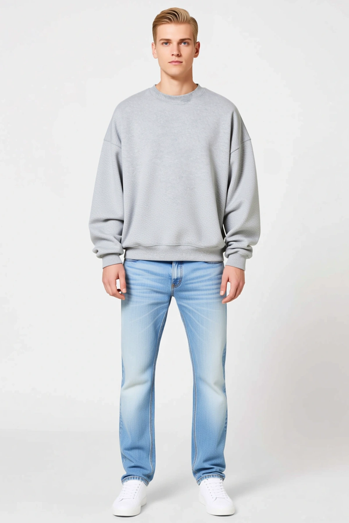Erkek Düz Bisiklet Yaka Oversize Sweatshirt Düşük Omuz Ribanalı Kol Ağzı Etek Ucu Günlük Rahat Kalıp