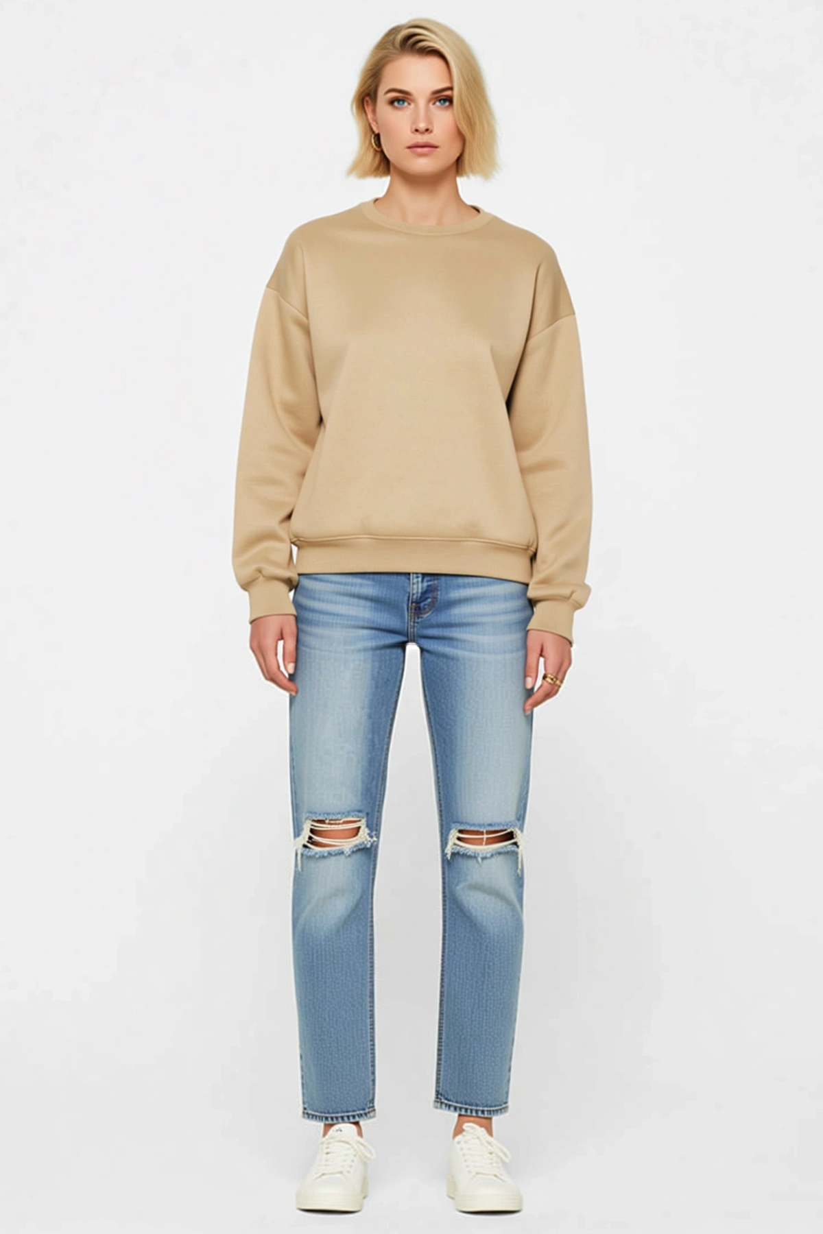 Kadın Bisiklet Yaka Düz Sweatshirt Düşük Omuzlu Ribanalı Kol Ağzı Etek Ucu Günlük Rahat Kullanım