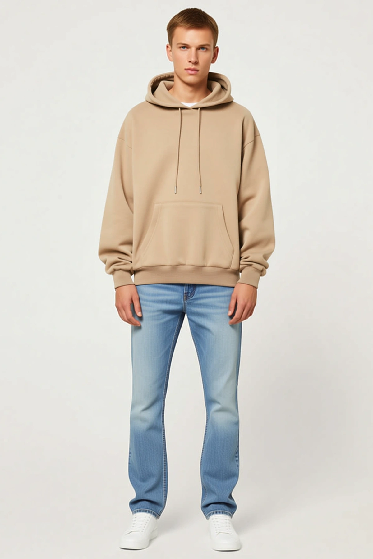 Erkek Kordonlu Kapüşonlu Sweatshirt Düz Kanguru Cepli Ribanalı Bol Kalıp Günlük Modern Rahat Kesim