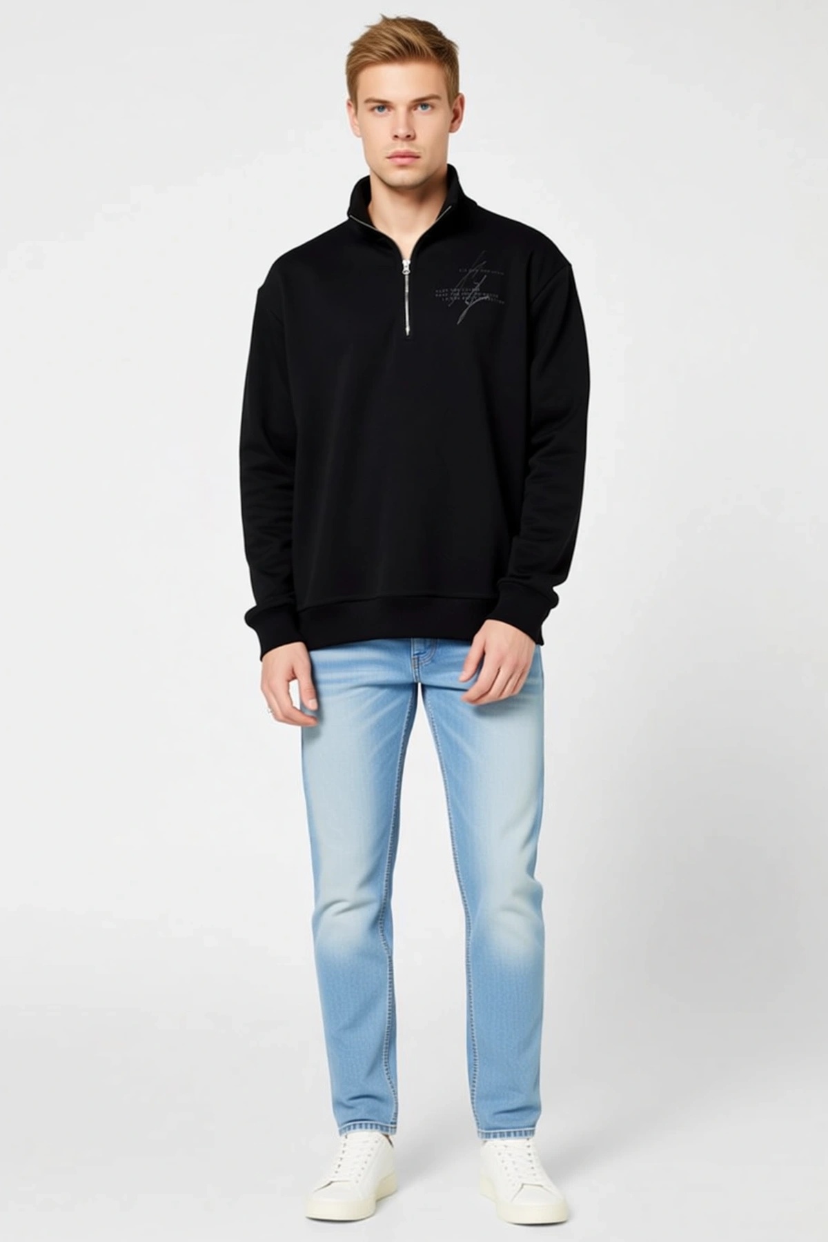 Erkek Yarım Fermuarlı Dik Yaka Baskılı Sweatshirt Göğüs Detaylı Ribanalı Bol Kesim Günlük Rahat