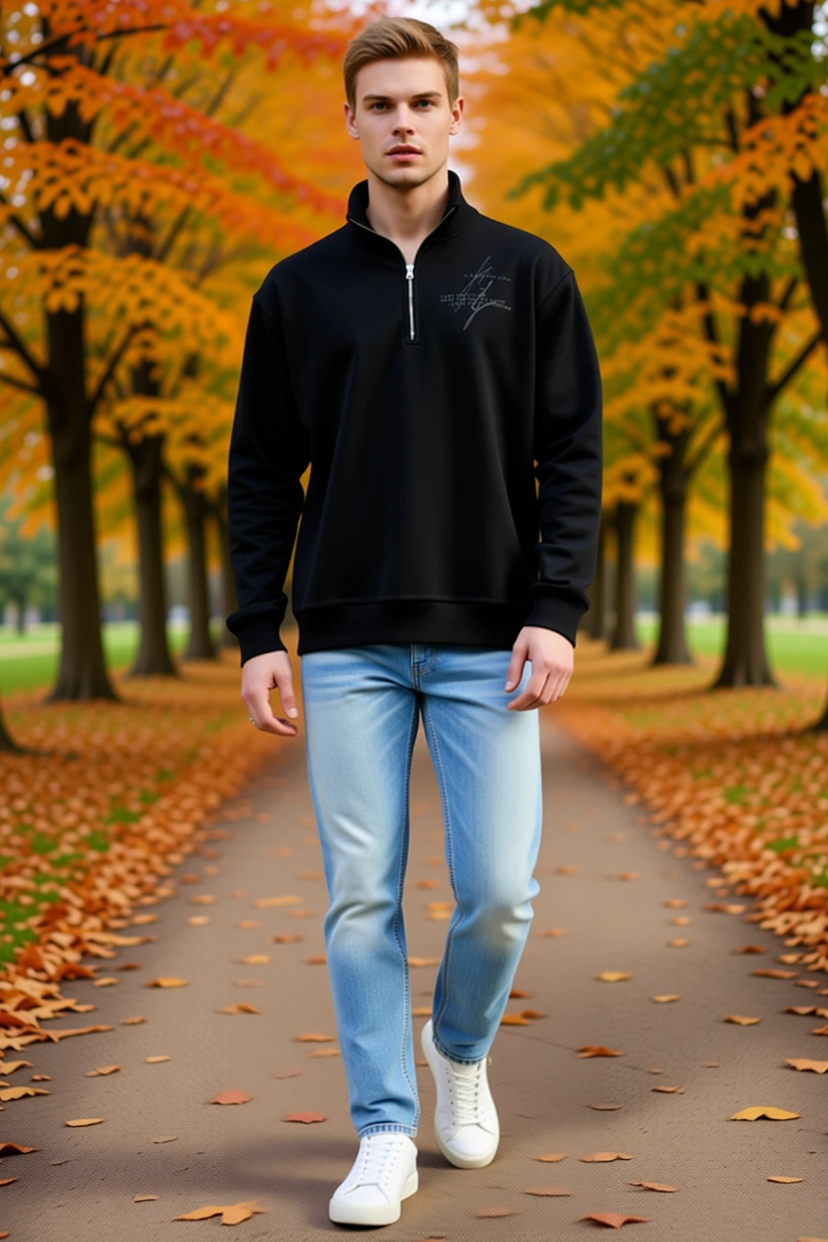 Erkek Yarım Fermuarlı Dik Yaka Baskılı Sweatshirt Göğüs Detaylı Ribanalı Bol Kesim Günlük Rahat