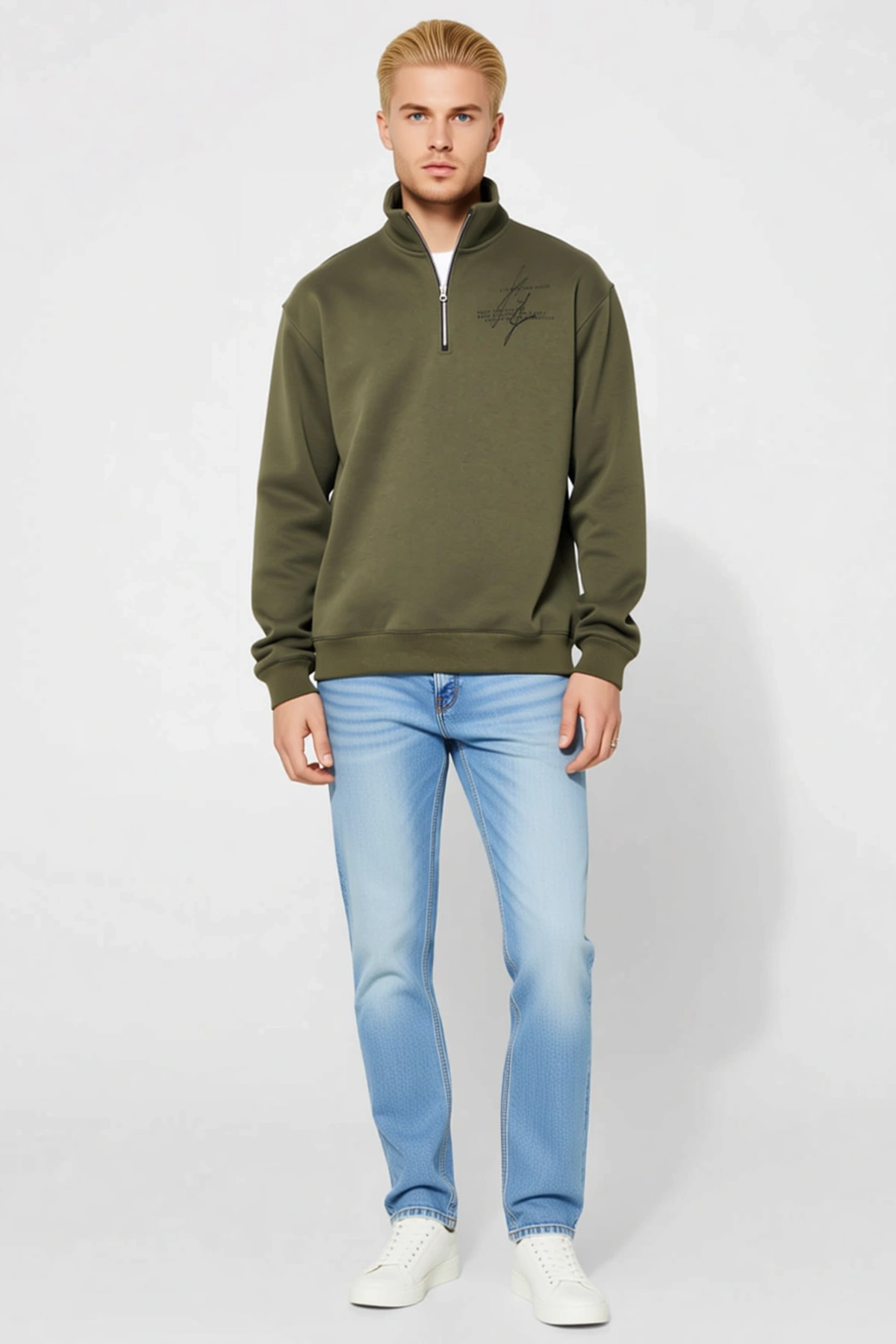 Erkek Yarım Fermuarlı Baskılı Sweatshirt Dik Yaka Dolgun Dokulu Düz Kesim Mevsim Geçişi Günlük Giyim