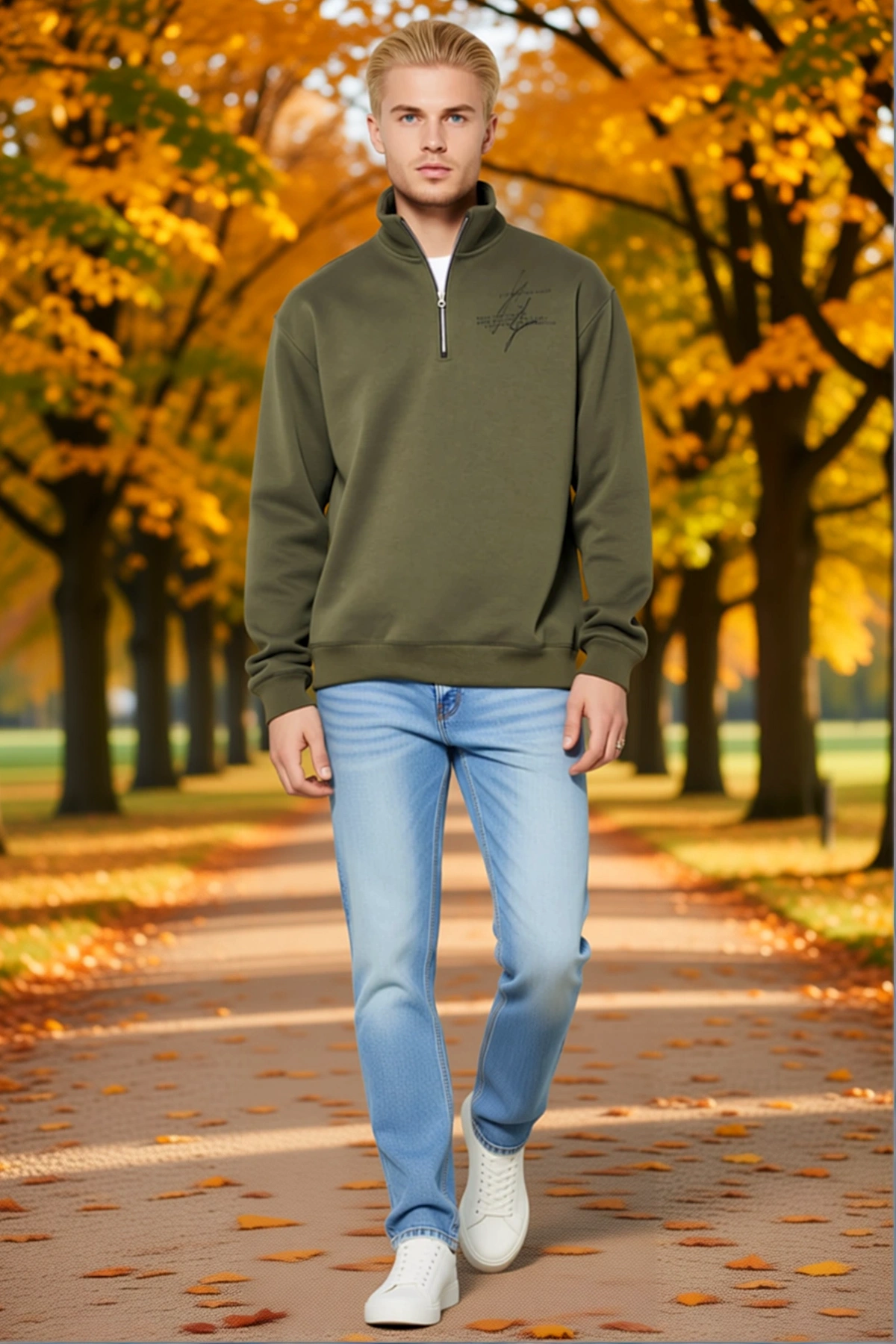 Erkek Yarım Fermuarlı Baskılı Sweatshirt Dik Yaka Dolgun Dokulu Düz Kesim Mevsim Geçişi Günlük Giyim