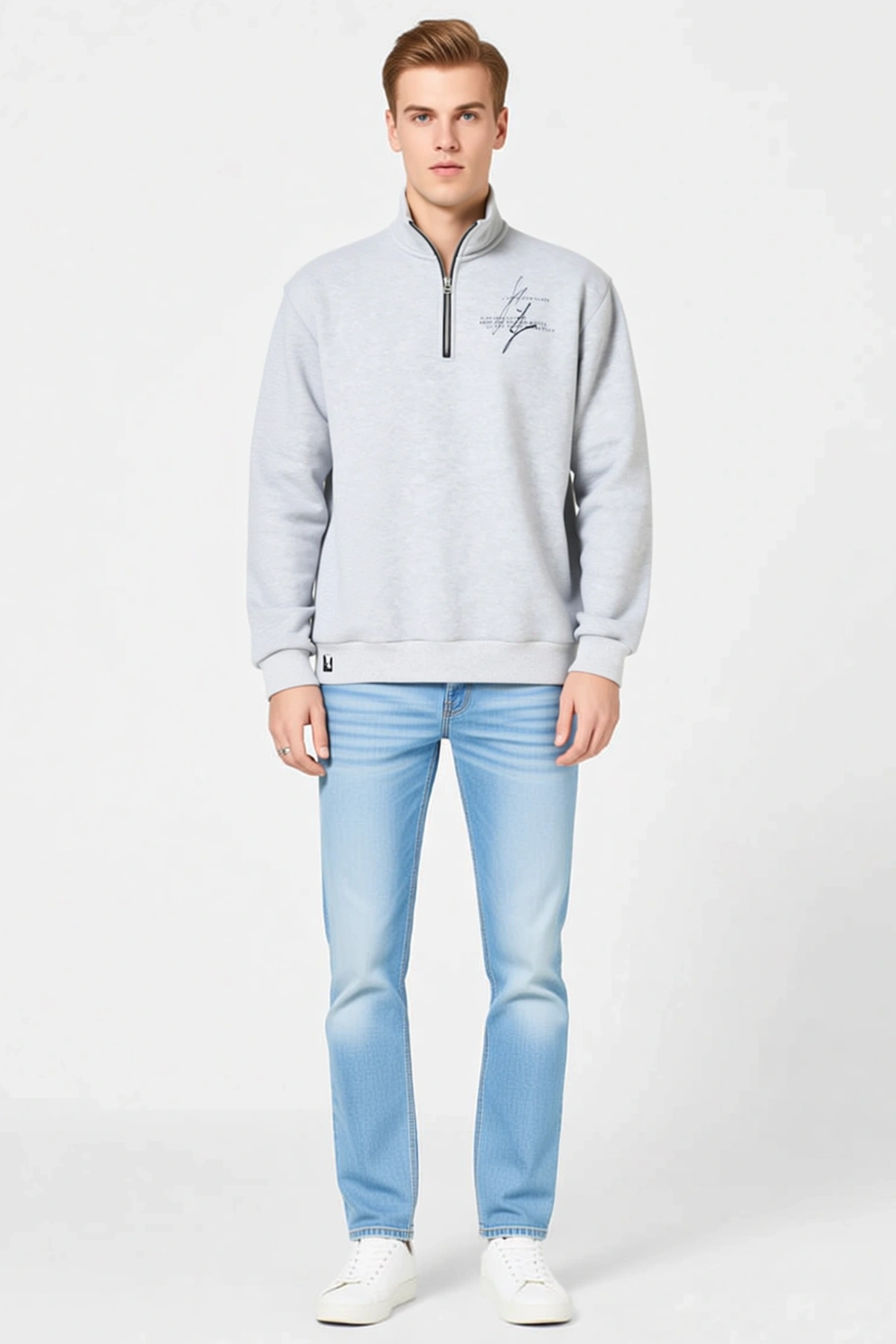 Erkek Yarım Fermuarlı Dik Yaka Baskılı Sweatshirt Hafif Düşük Omuz Düz Kesim Pratik Günlük Giyim