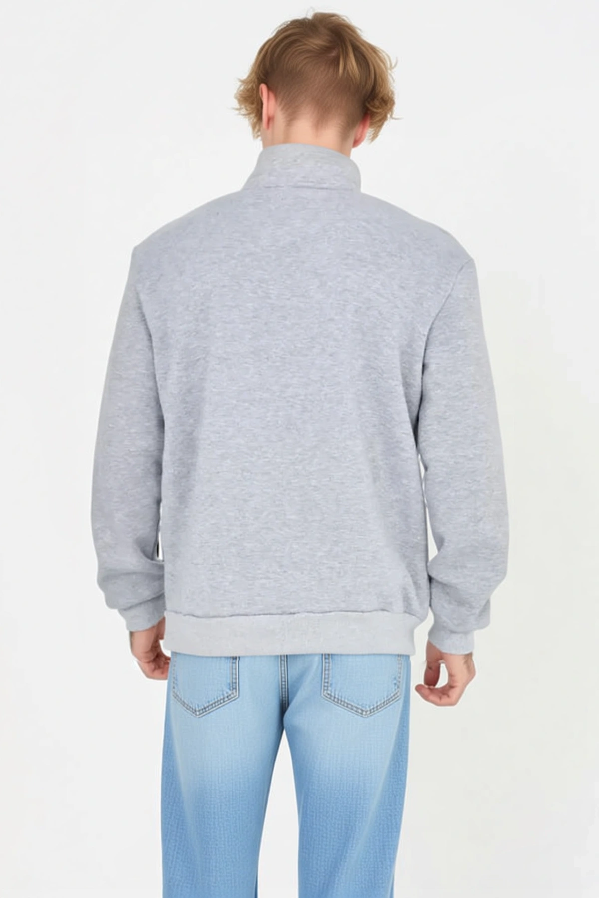 Erkek Yarım Fermuarlı Dik Yaka Baskılı Sweatshirt Hafif Düşük Omuz Düz Kesim Pratik Günlük Giyim