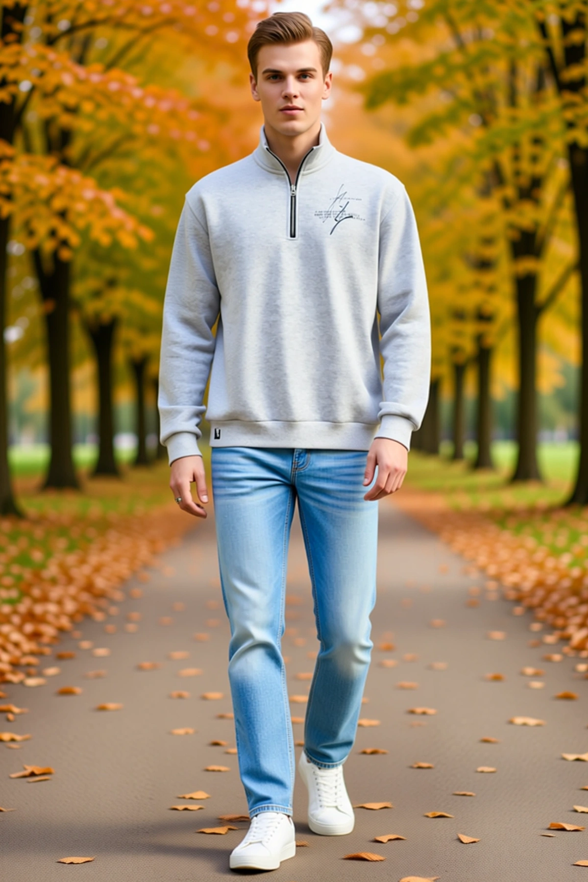 Erkek Yarım Fermuarlı Dik Yaka Baskılı Sweatshirt Hafif Düşük Omuz Düz Kesim Pratik Günlük Giyim