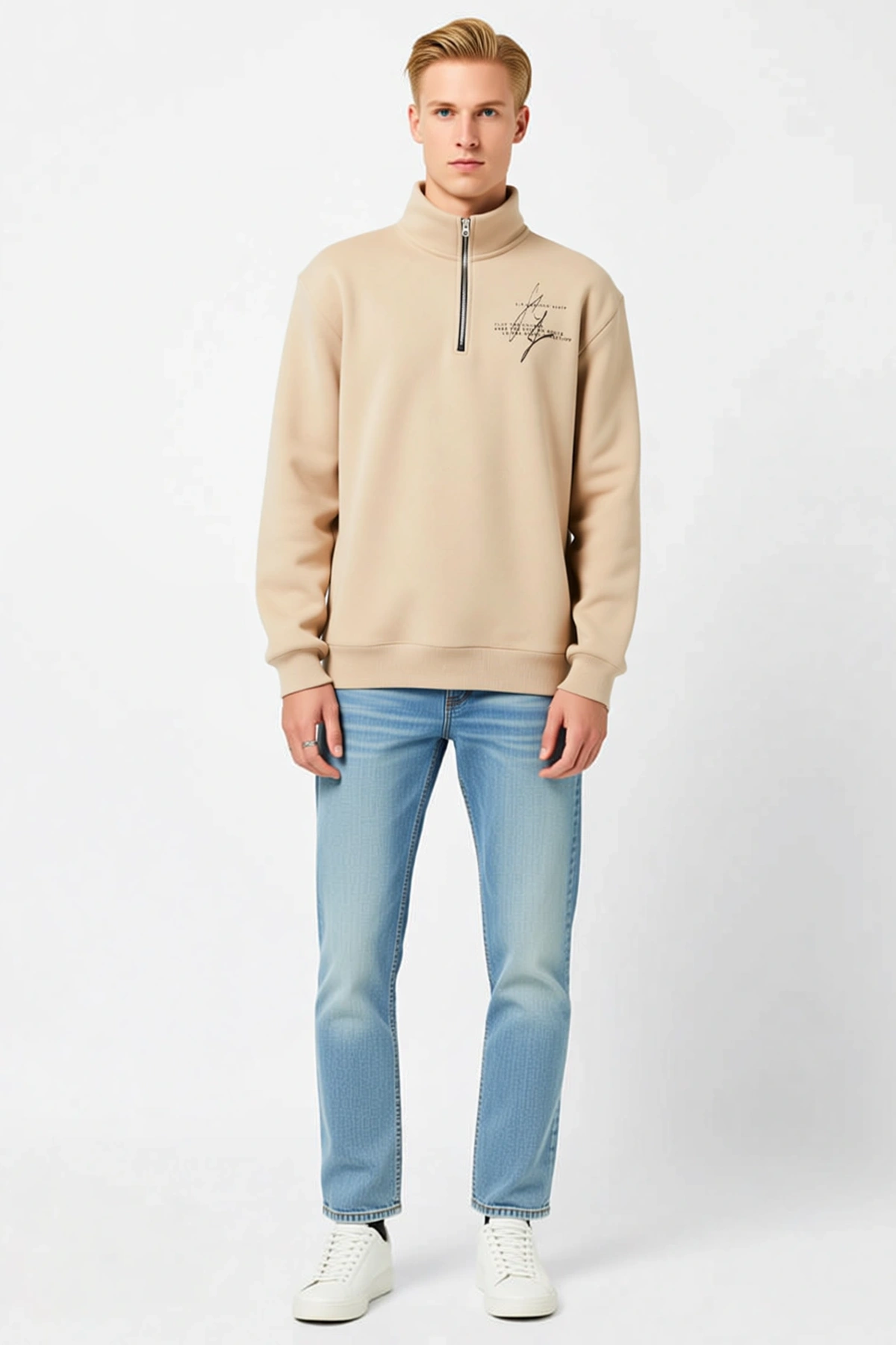 Erkek Yarım Fermuarlı Dik Yaka Baskılı Sweatshirt Geniş Kalıp Hafif Düşük Omuz Rahat Günlük Giyim