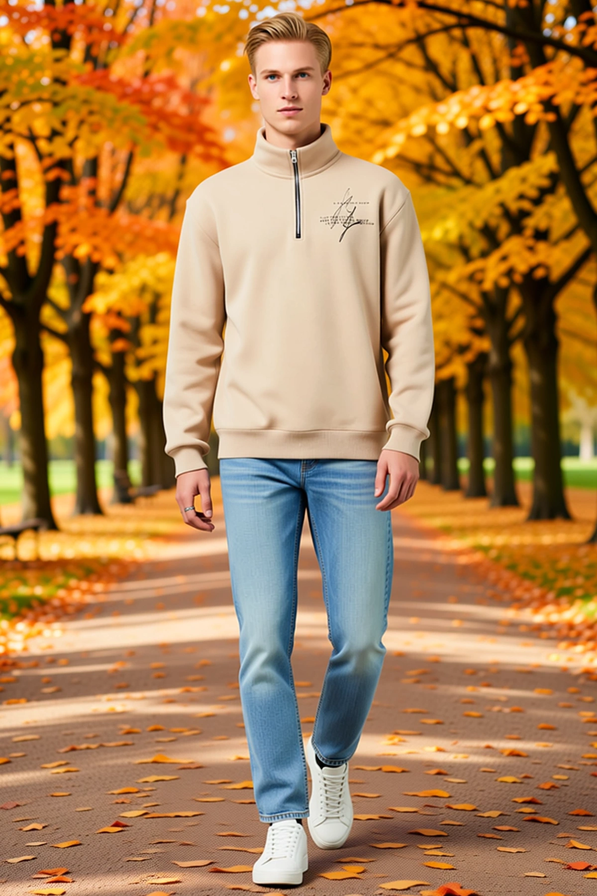 Erkek Yarım Fermuarlı Dik Yaka Baskılı Sweatshirt Geniş Kalıp Hafif Düşük Omuz Rahat Günlük Giyim