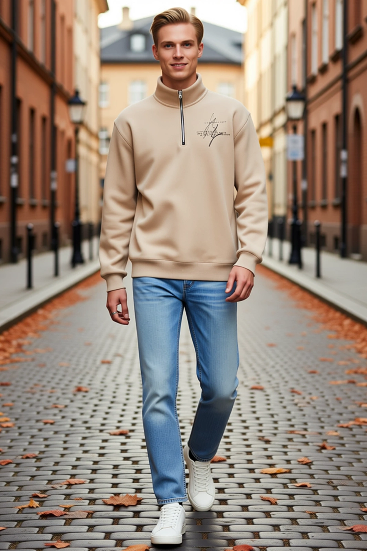 Erkek Yarım Fermuarlı Dik Yaka Baskılı Sweatshirt Geniş Kalıp Hafif Düşük Omuz Rahat Günlük Giyim