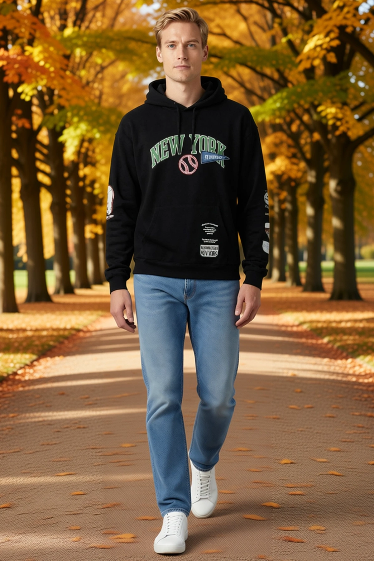 Erkek Kapüşonlu Sweatshirt Beyzbol Topu Desenli Yazı Baskılı Kol Yamalı Kanguru Cepli Bol Kalıp