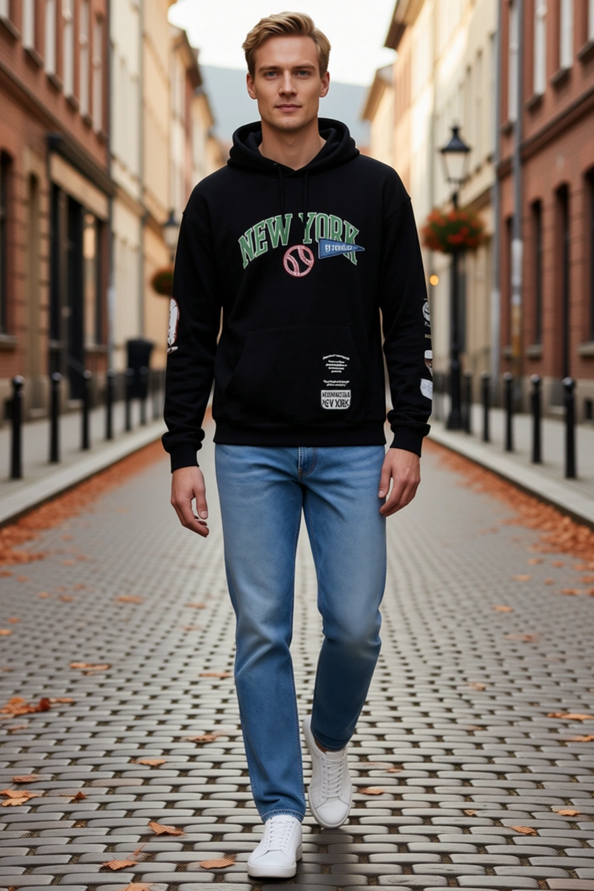 Erkek Kapüşonlu Sweatshirt Beyzbol Topu Desenli Yazı Baskılı Kol Yamalı Kanguru Cepli Bol Kalıp