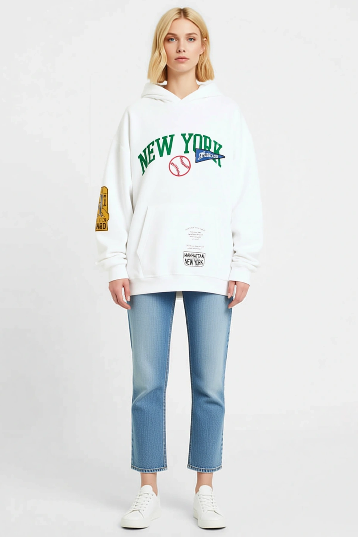 Kadın Oversize Kapüşonlu Sweatshirt Büyük Yazı Baskılı Kanguru Cepli Düşük Omuzlu Rahat Günlük Giyim