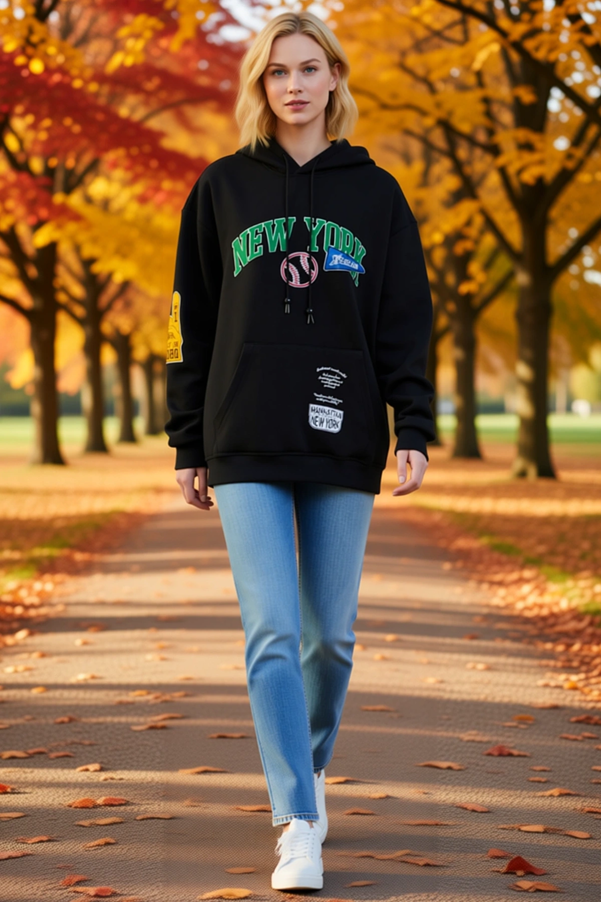 Kadın Kapüşonlu Sweatshirt Kol Yamalı Yazı ve Top Baskılı Ribana Manşetli Kanguru Cepli Bol Kesim