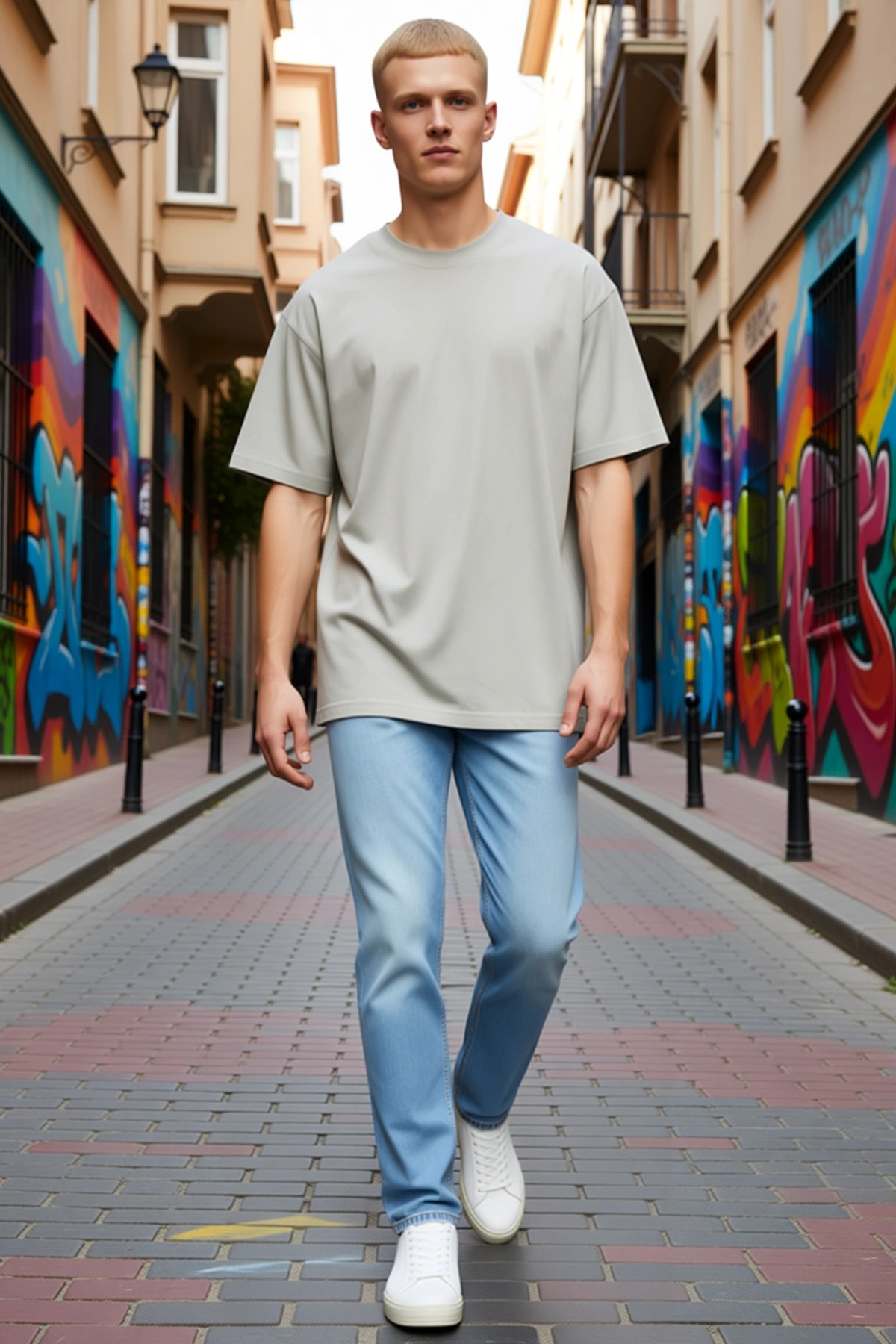 Erkek Oversize Düz Bisiklet Yaka Kısa Kollu Tişört Açık Tonlu Düşük Omuz Unisex Kalıp Günlük Giyim