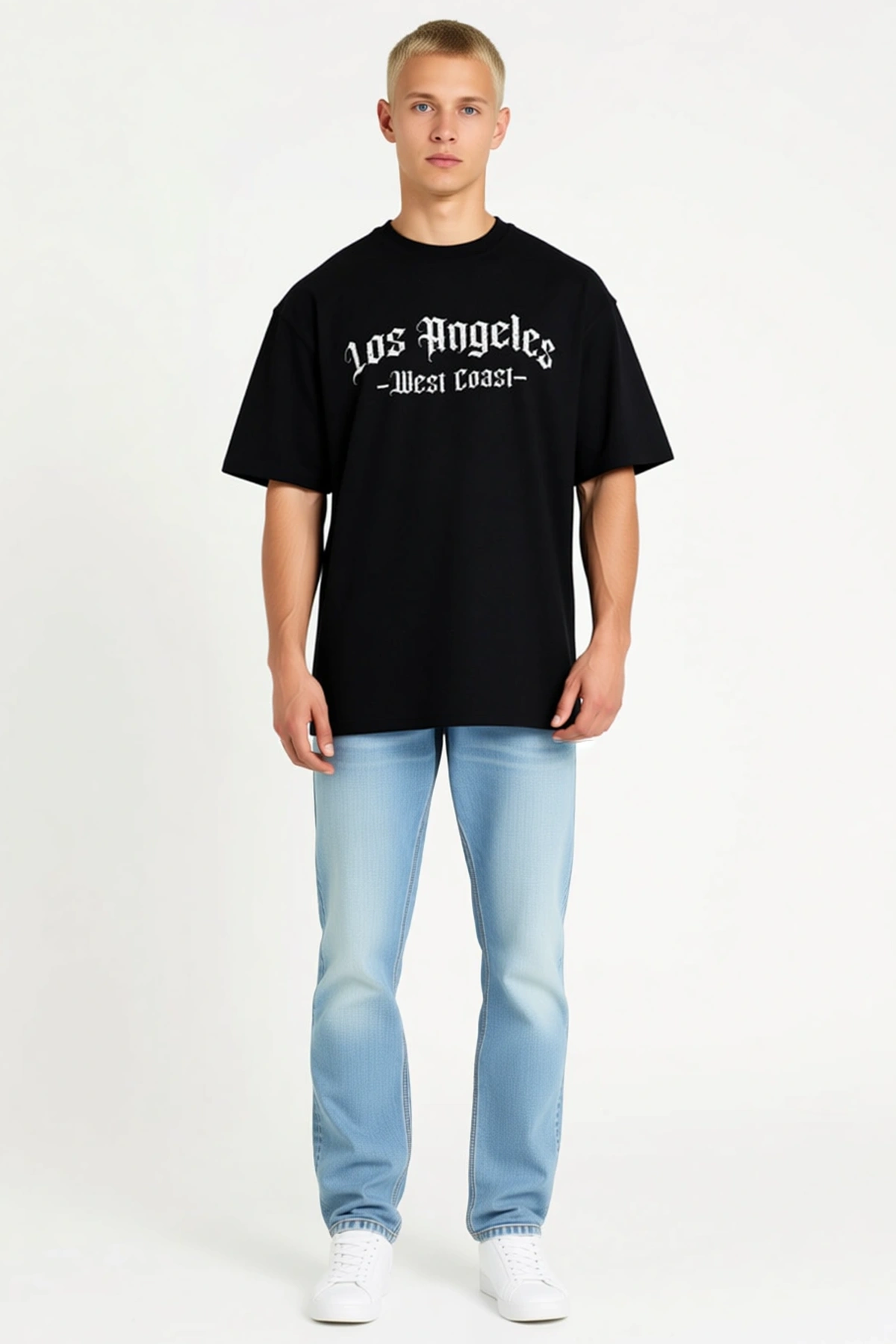 Erkek Oversize Bisiklet Yaka Tişört Önde Los Angeles Yazı Baskılı Bol Unisex Kalıp Günlük Giyim