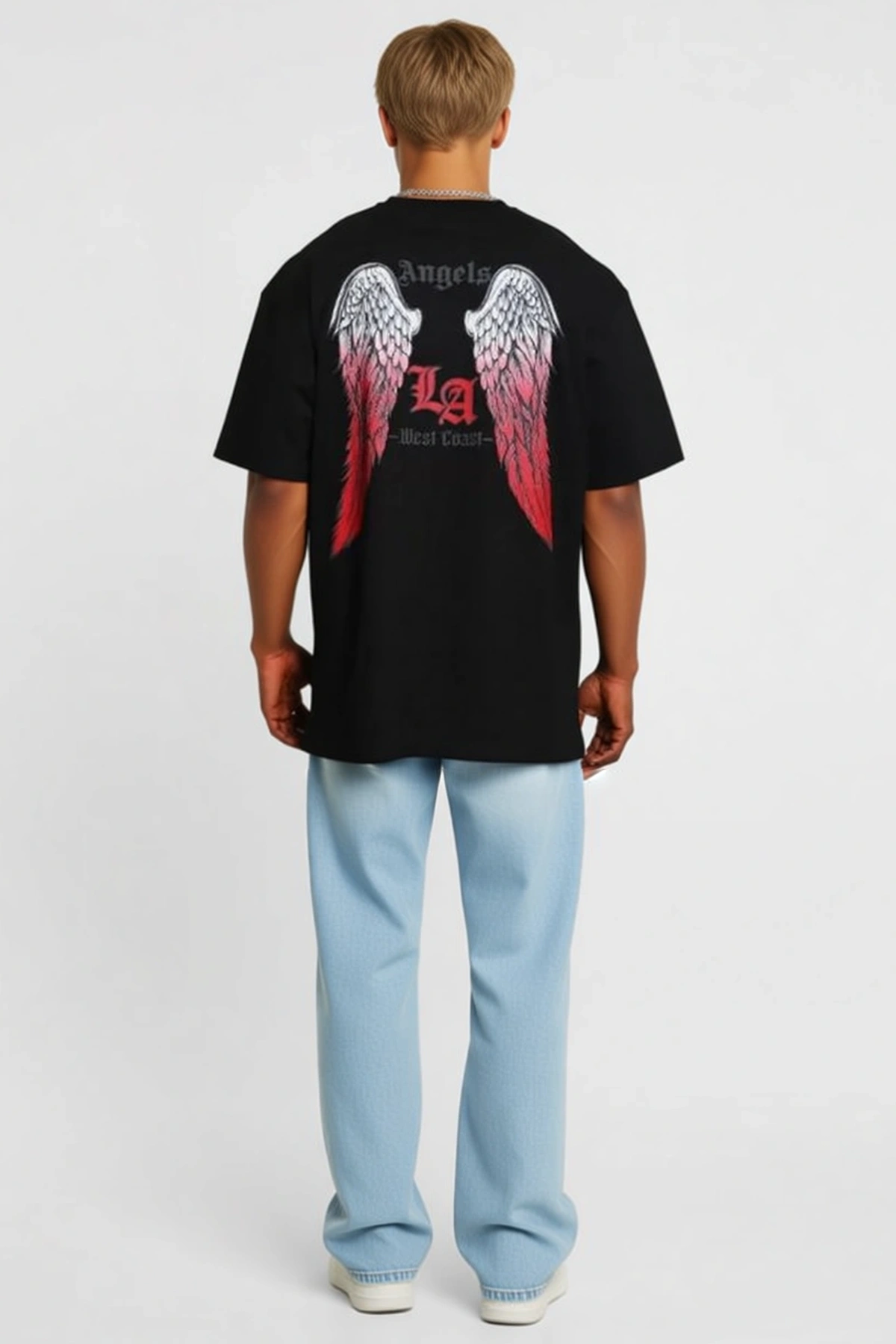 Erkek Oversize Bisiklet Yaka Tişört Önde Los Angeles Yazı Baskılı Bol Unisex Kalıp Günlük Giyim