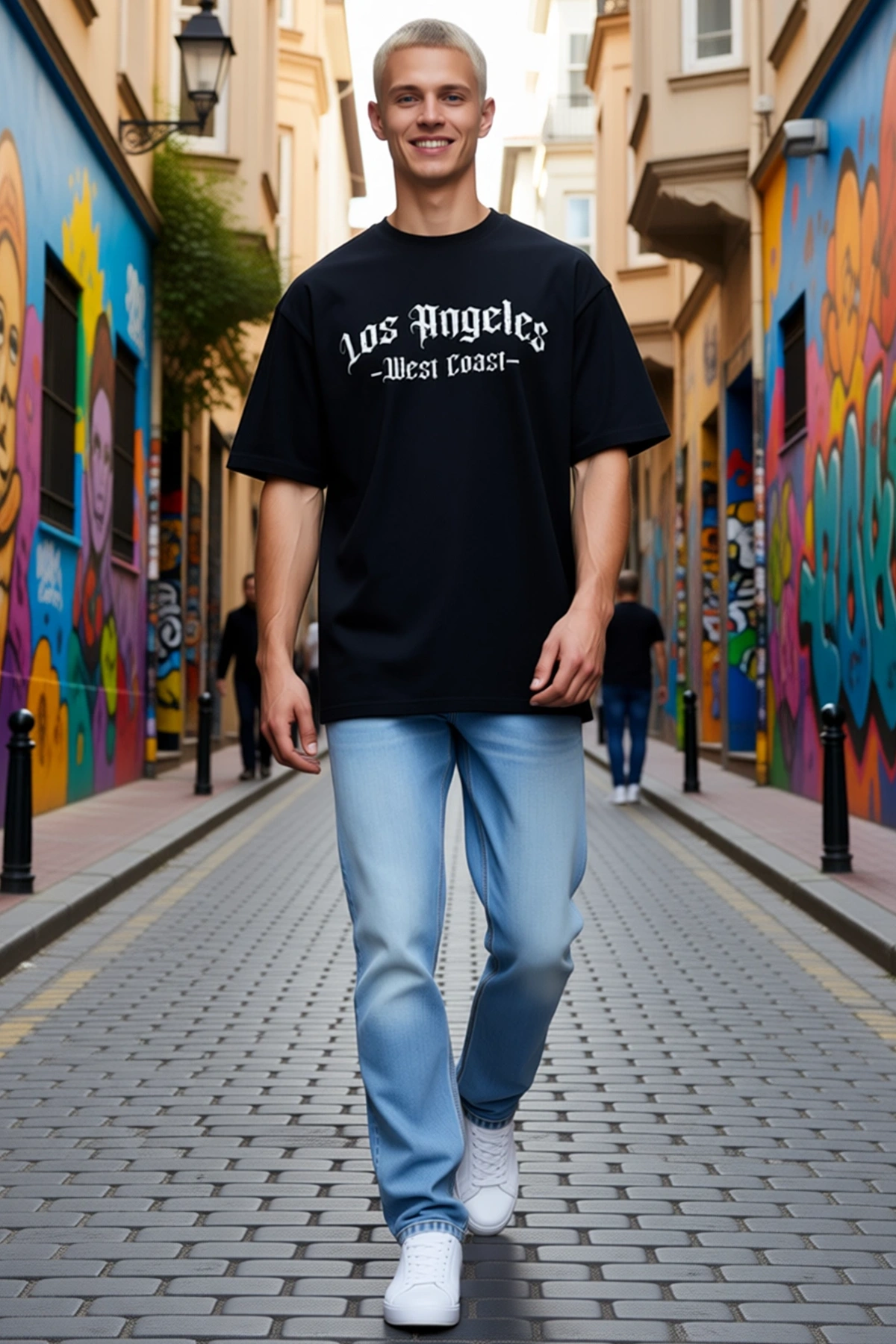Erkek Oversize Bisiklet Yaka Tişört Önde Los Angeles Yazı Baskılı Bol Unisex Kalıp Günlük Giyim