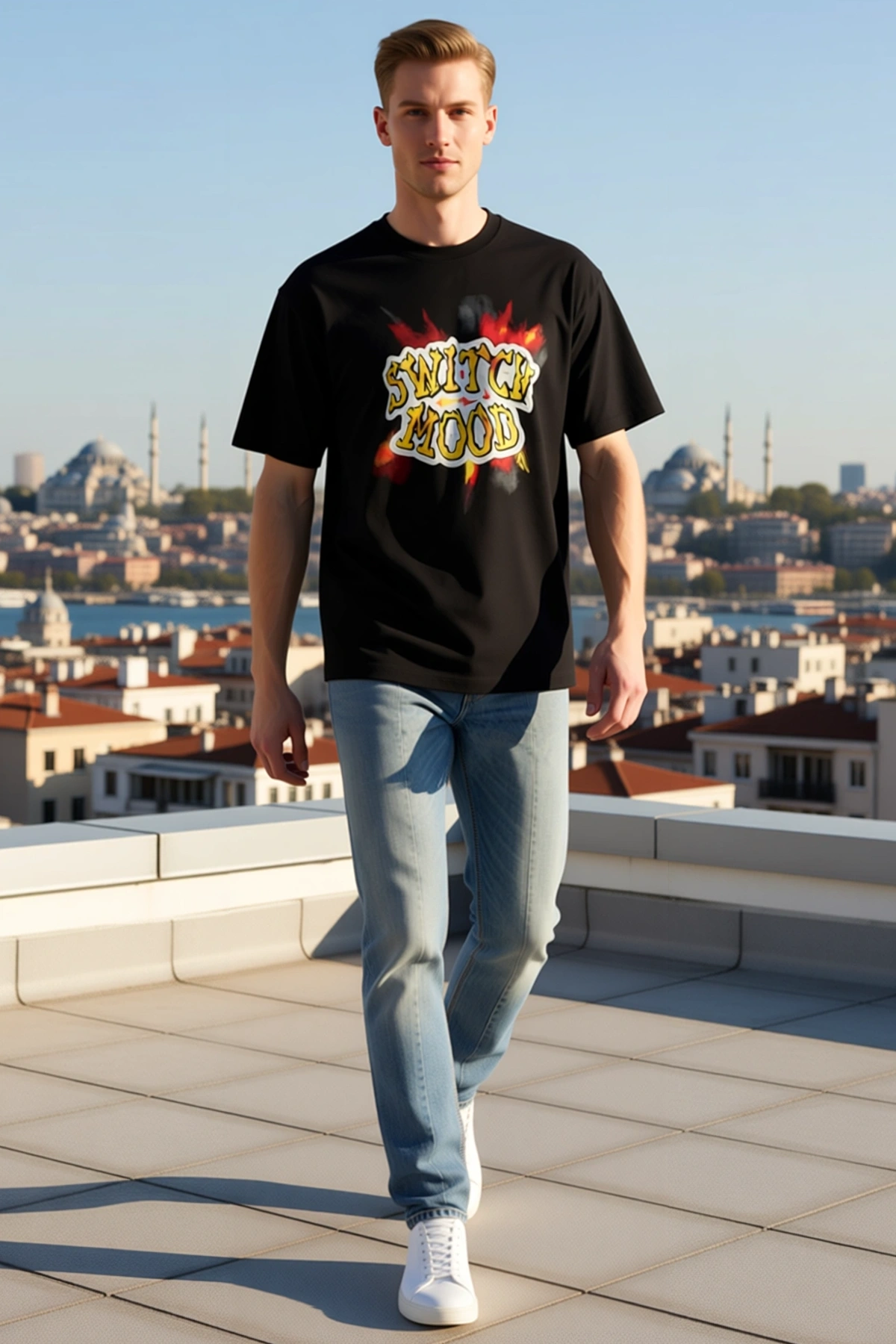 Erkek Oversize Baskılı Bisiklet Yaka Çizgi Roman Tarzı Büyük Ön Baskı Düşük Omuz Kısa Kollu Tişört