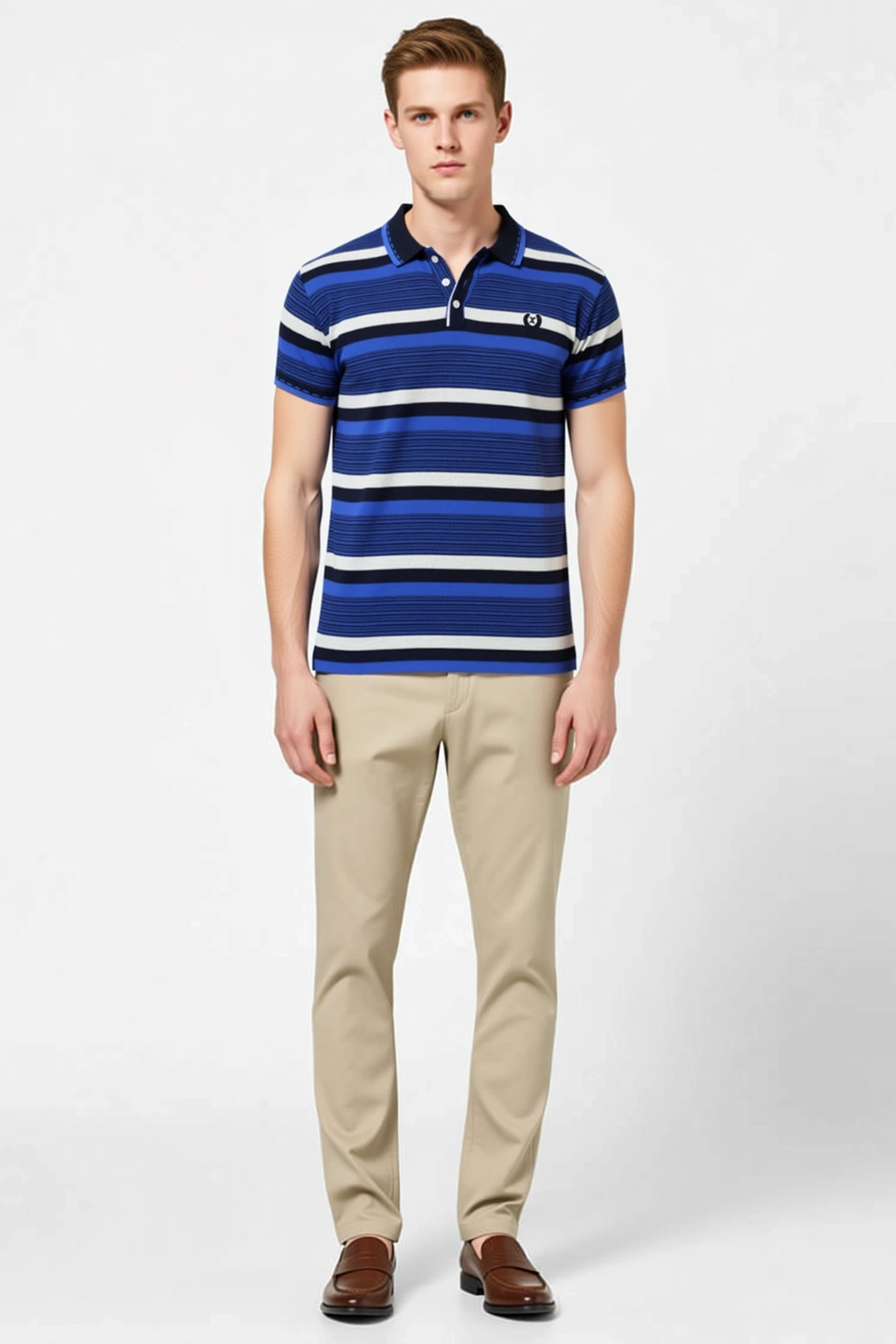 Erkek Polo Yaka Slim Fit Dokuma Çizgili Kısa Kollu Düğmeli Göğüs İşlemeli Günlük Rahat Modern Tişört