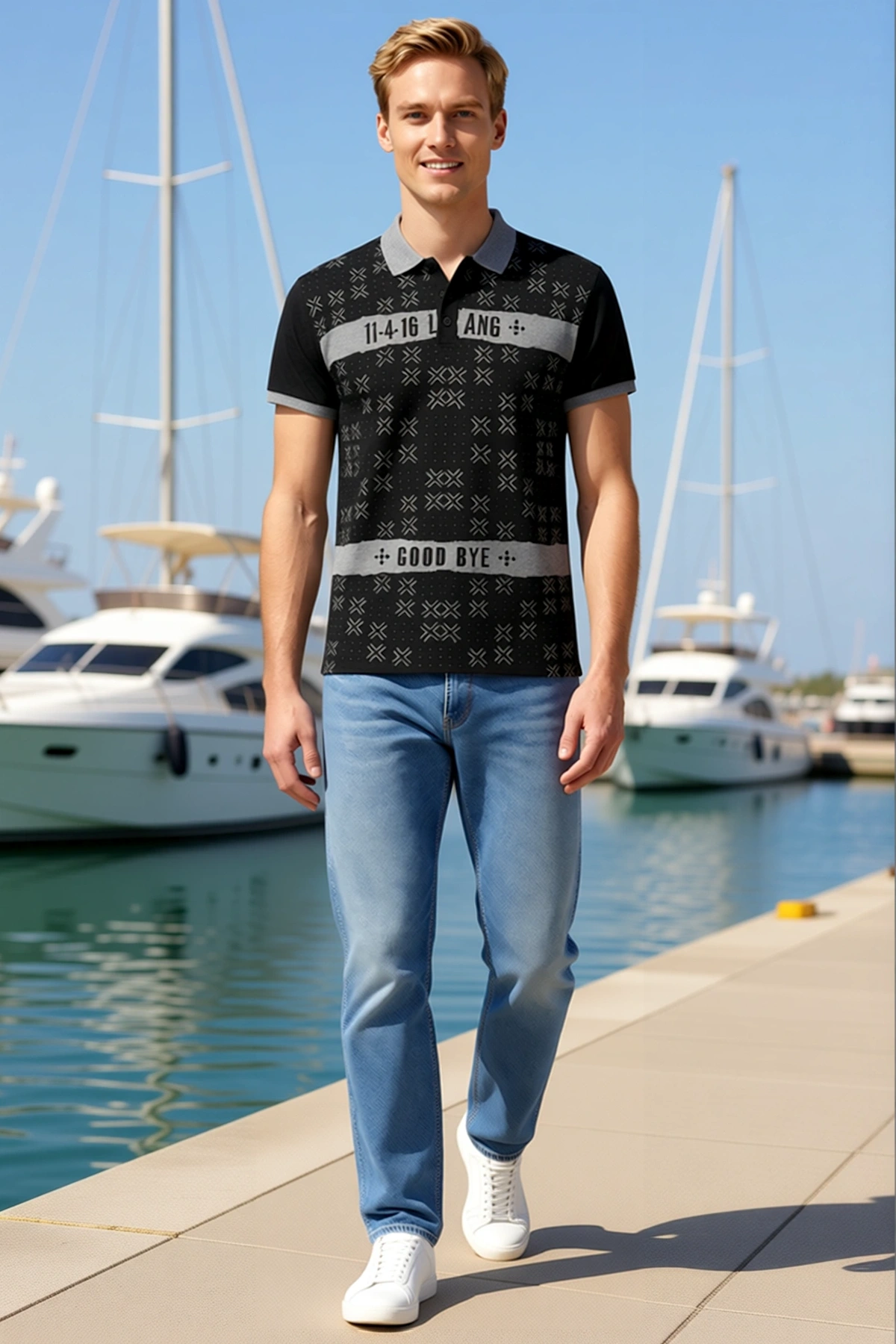 Erkek Polo Yaka Slim Fit Baskılı Kısa Kollu Düğmeli Ribana Kol Manşetli Günlük Rahat Modern Tişört