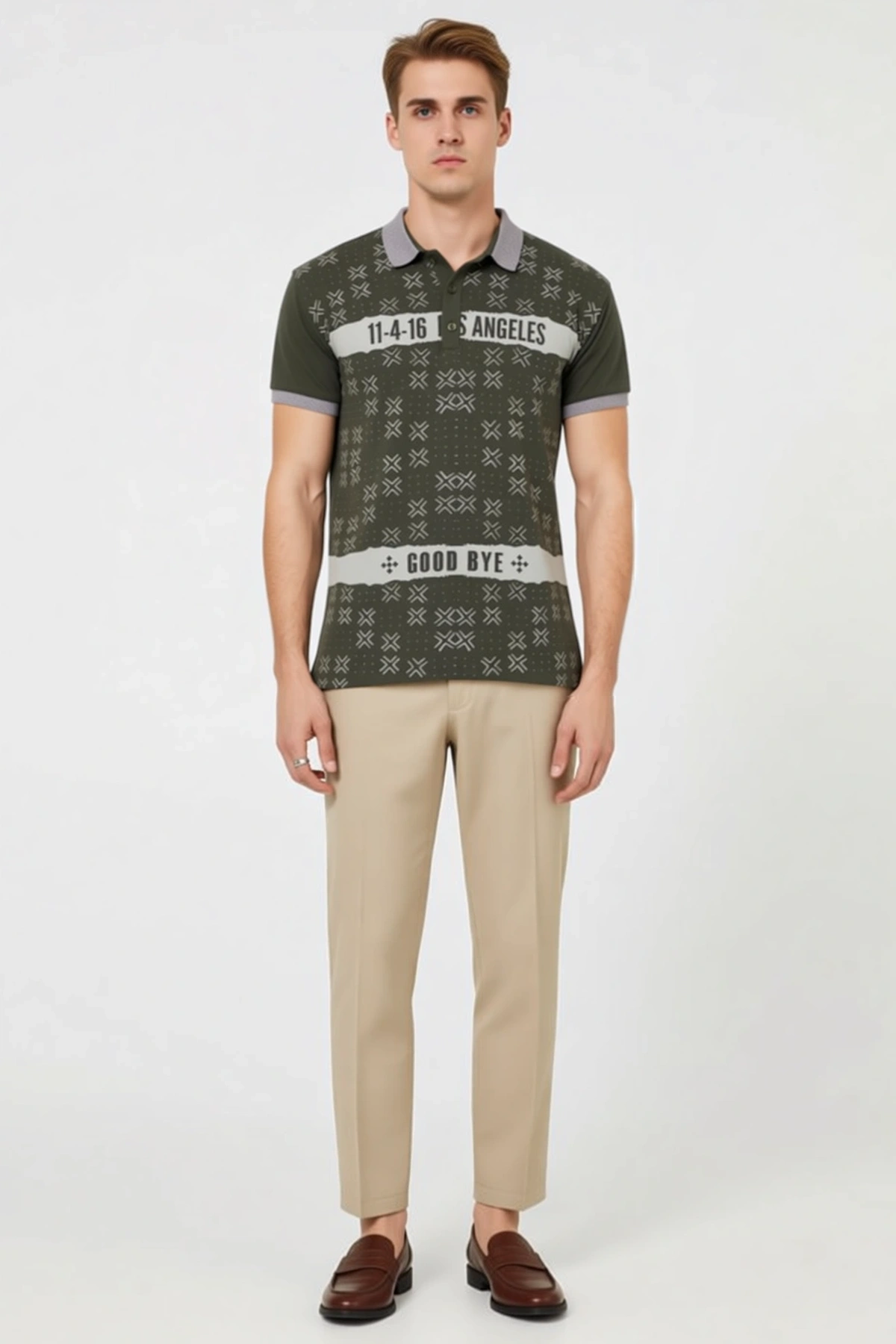 Erkek Polo Yaka Slim Fit Geometrik Baskılı Kısa Kollu Düğmeli Ribana Manşet Günlük Rahat Tişört