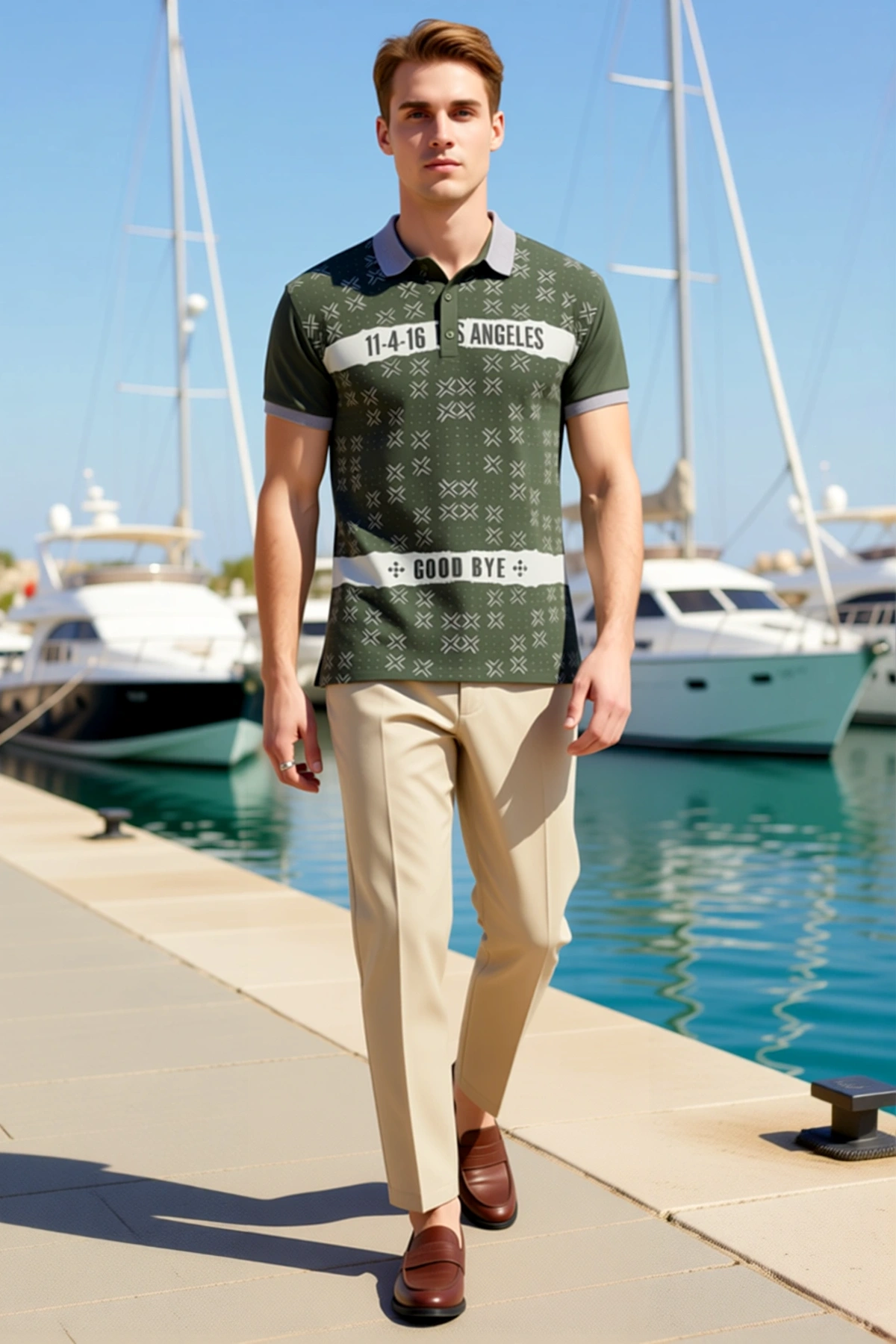 Erkek Polo Yaka Slim Fit Geometrik Baskılı Kısa Kollu Düğmeli Ribana Manşet Günlük Rahat Tişört