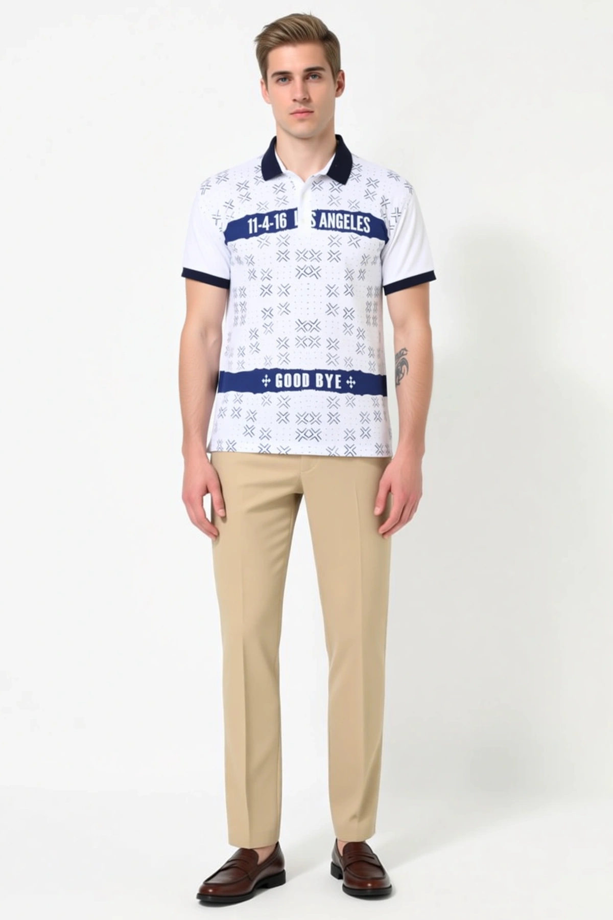 Erkek Polo Yaka Slim Fit Bantlı Baskılı Kısa Kollu Düğmeli Zıt Manşetli Günlük Rahat Modern Tişört
