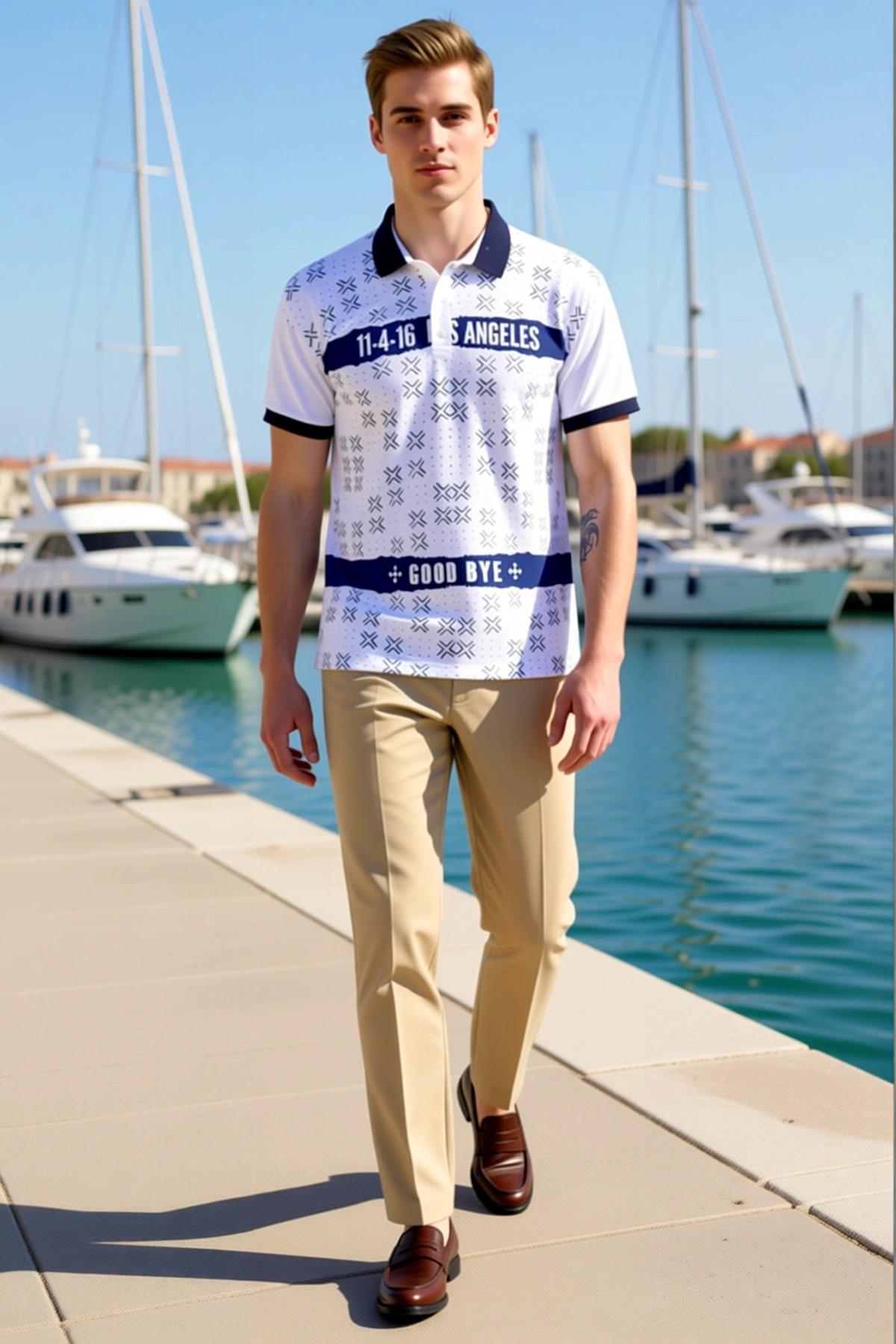 Erkek Polo Yaka Slim Fit Bantlı Baskılı Kısa Kollu Düğmeli Zıt Manşetli Günlük Rahat Modern Tişört