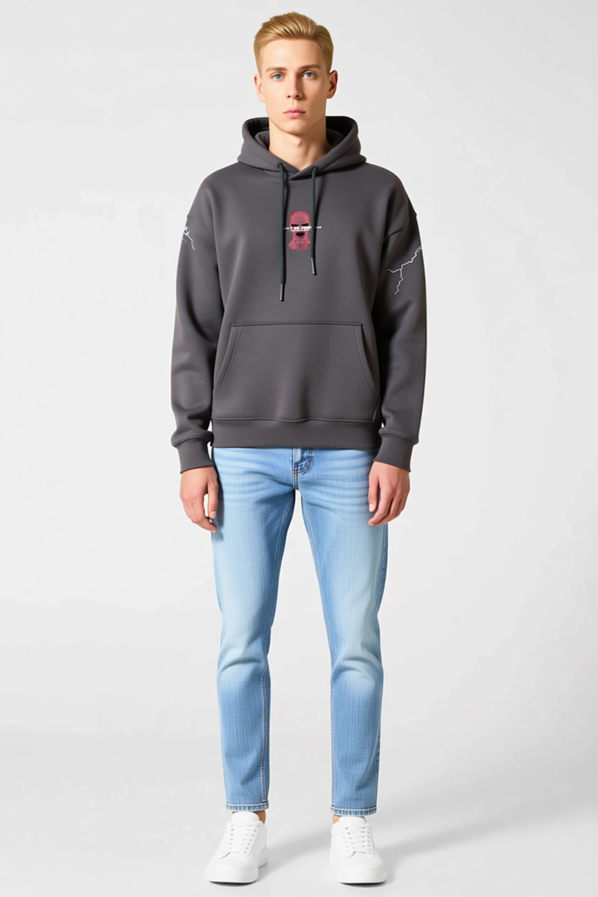 Erkek Oversize Maske Baskılı Kapüşonlu Sweatshirt Sırt Detaylı Uzun Kollu Bol Kesim Günlük Rahat