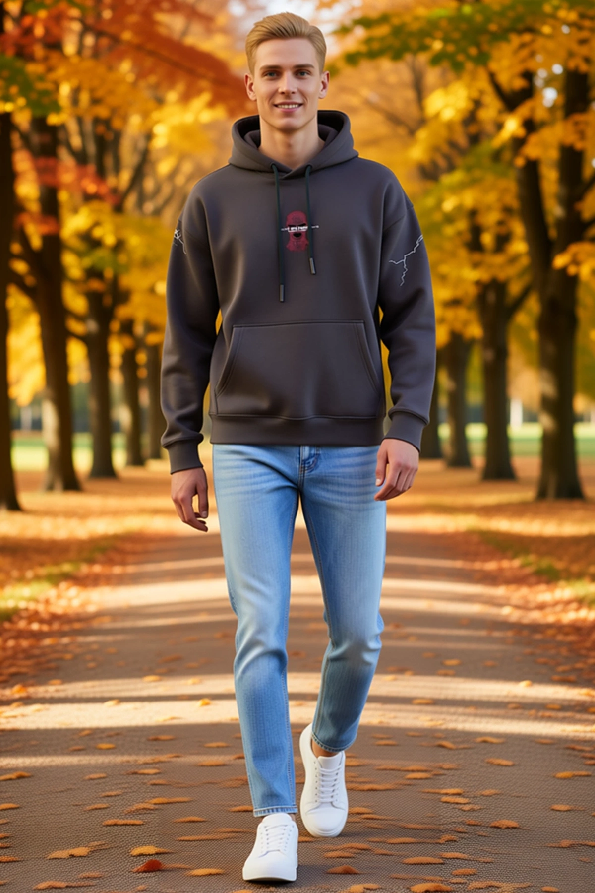 Erkek Oversize Maske Baskılı Kapüşonlu Sweatshirt Sırt Detaylı Uzun Kollu Bol Kesim Günlük Rahat