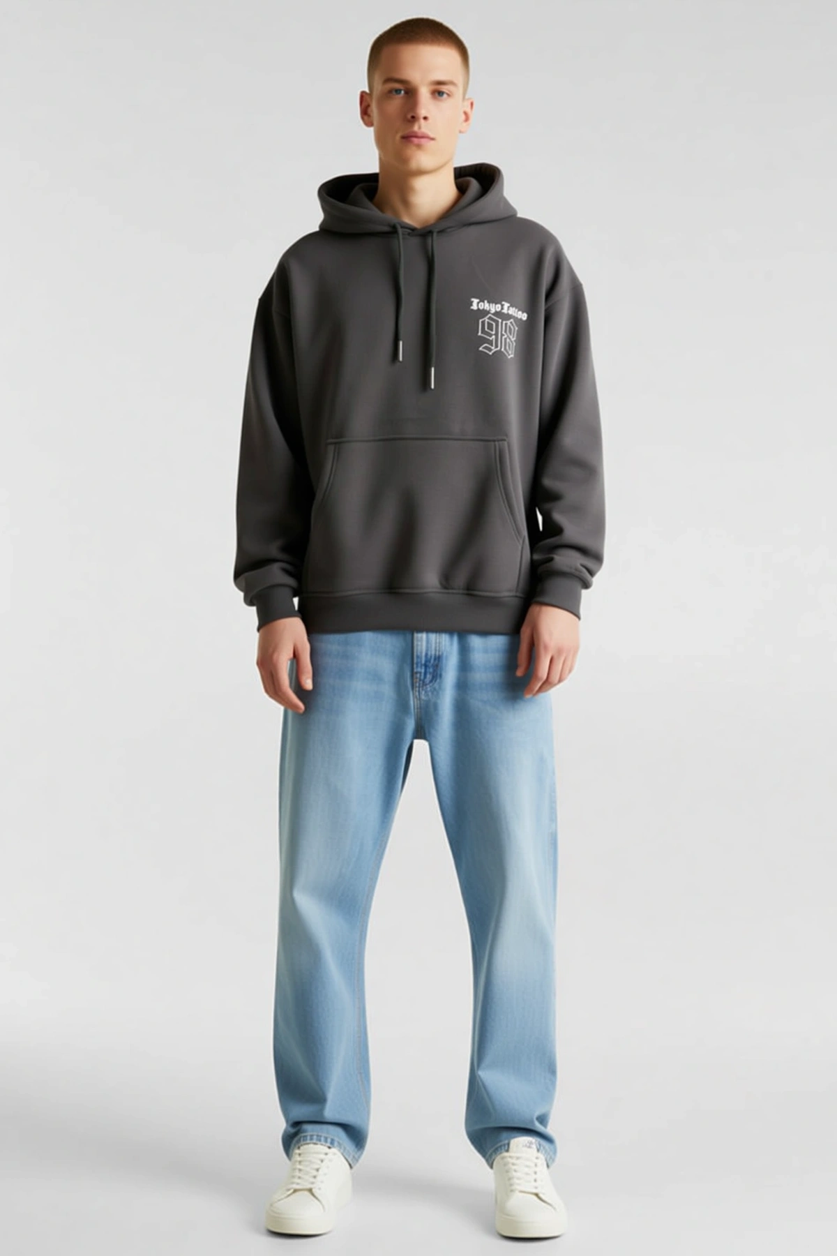 Erkek Oversize Kapüşonlu Sweatshirt Dövme Desenli Sırt Baskılı Uzun Kollu Bol Kalıp Günlük Rahat