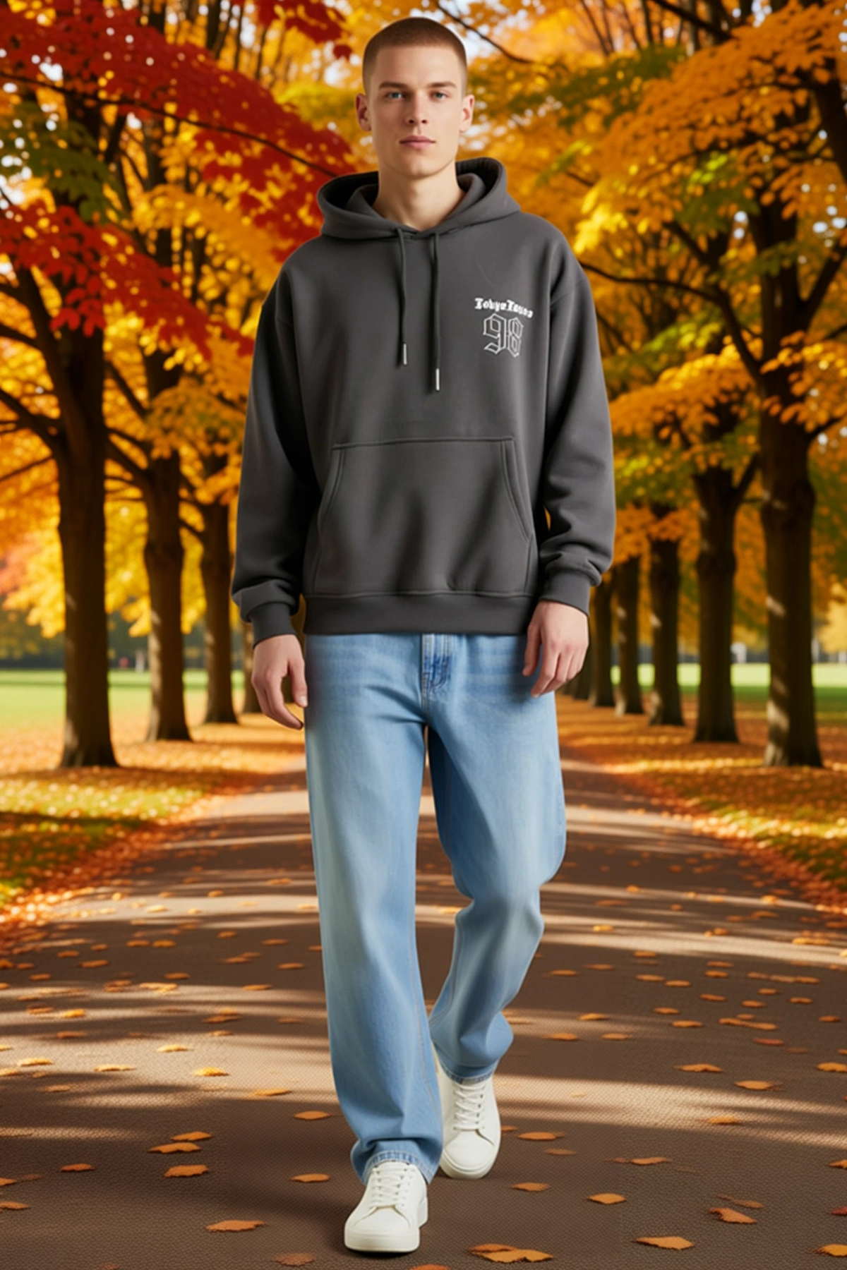 Erkek Oversize Kapüşonlu Sweatshirt Dövme Desenli Sırt Baskılı Uzun Kollu Bol Kalıp Günlük Rahat