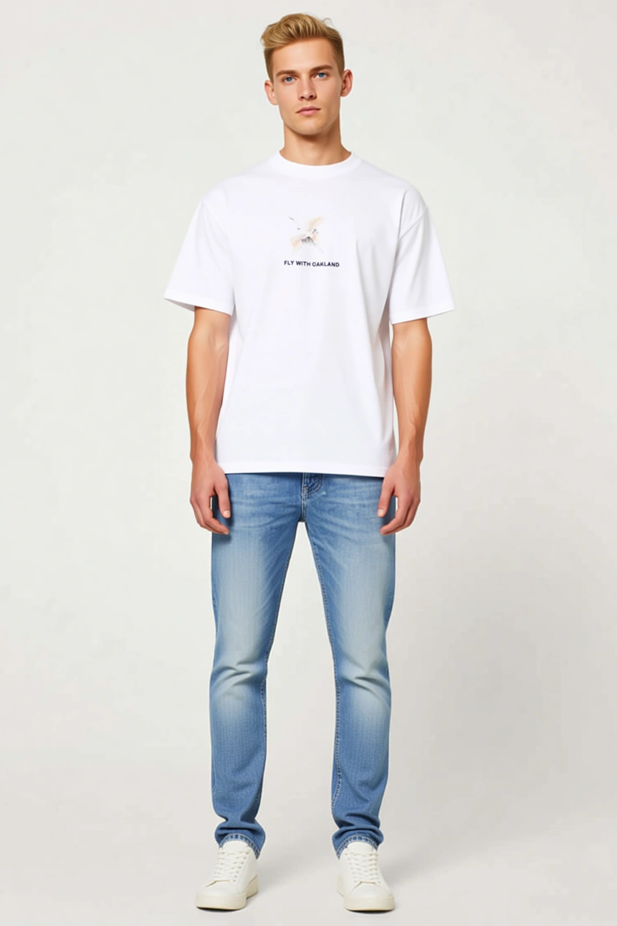 Erkek Oversize Bisiklet Yaka Kısa Kollu Minimal Turna Kuşu Baskılı Slogan Yazılı Rahat Günlük Tişört