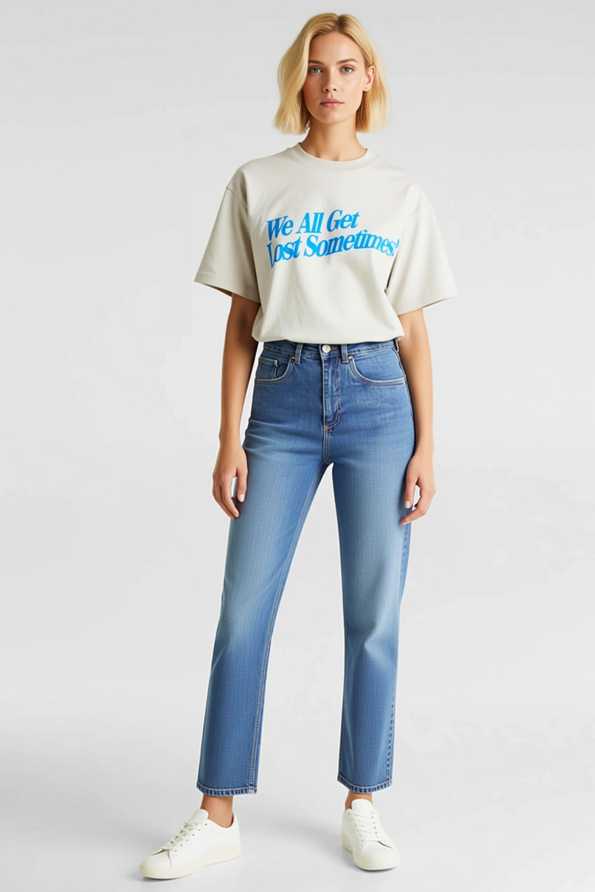 Kadın Oversize Bisiklet Yaka Slogan Yazılı Önden Baskılı Kısa Kollu Modern Rahat Kalıp Günlük Tişört